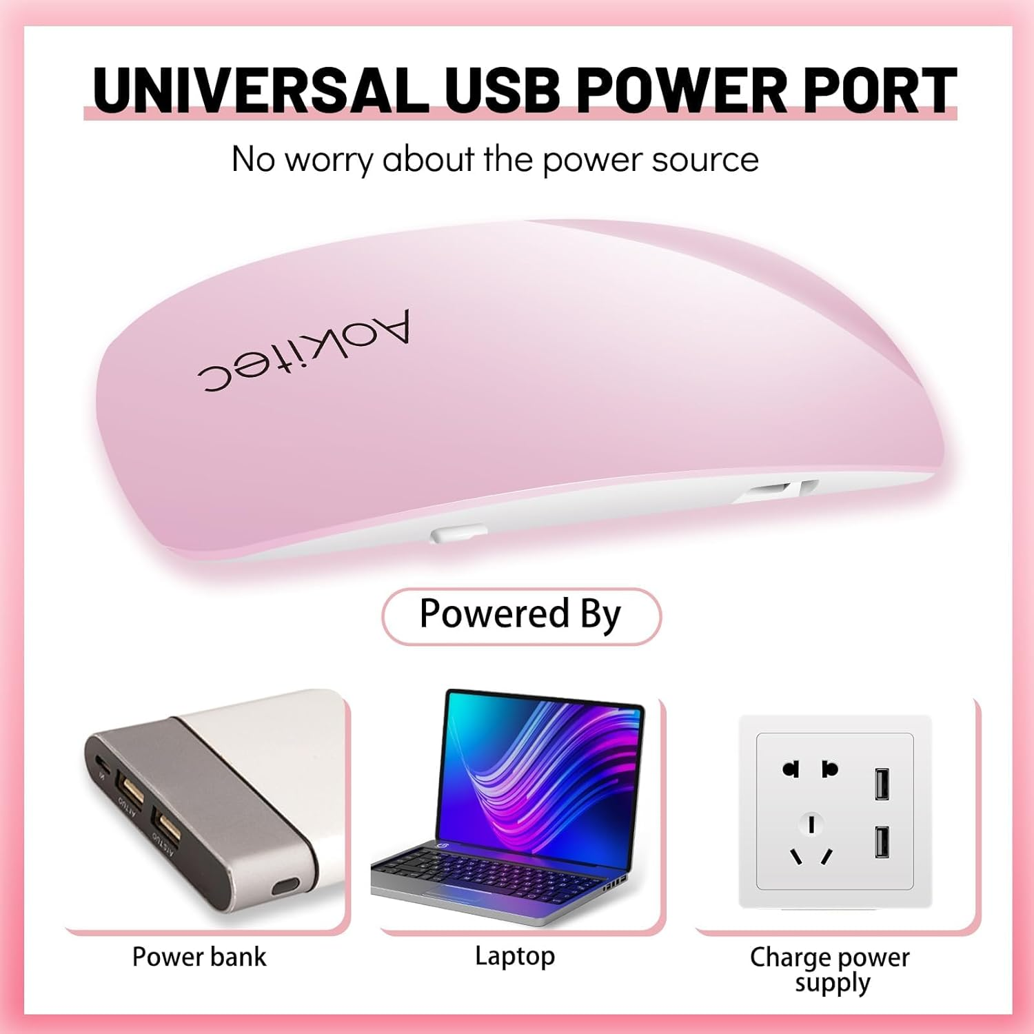 Ein rosa Aokitec-Gerät mit Text, Powerbank, Laptop und Symbolen für die Stromversorgung.