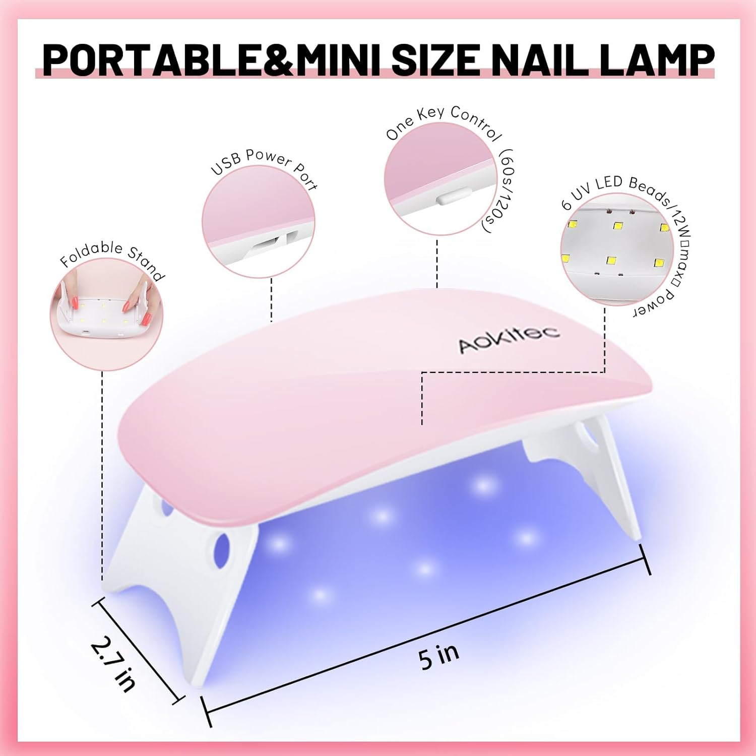 Eine rosa-weiße Nagellampe mit Maßangaben. Details umfassen einen USB-Anschluss, eine Schlüsselsteuerung und LED-Perlen. Der Markenname ist Aokitec.