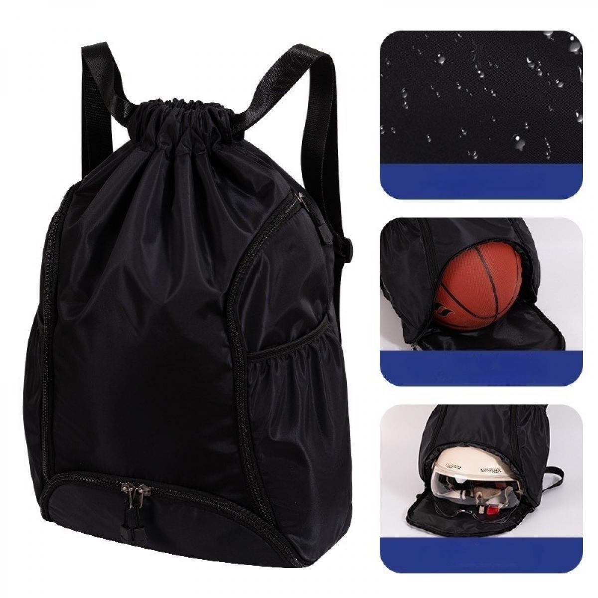 Schwarzer Rucksack mit Kordelzug, Seitentaschen und Reißverschluss. Details zeigen wasserabweisenden Stoff, Basketball und Helm.