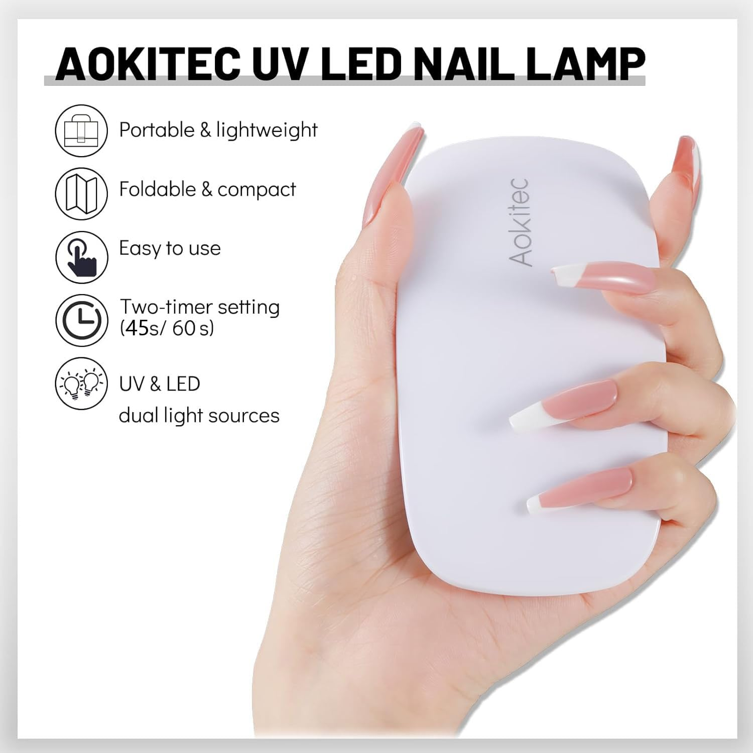 Eine Hand hält eine weiße Aokitec UV LED Nagellampe. Die Hand zeigt lange Nägel mit weißen Spitzen. Text hebt die Funktionen der Lampe hervor.