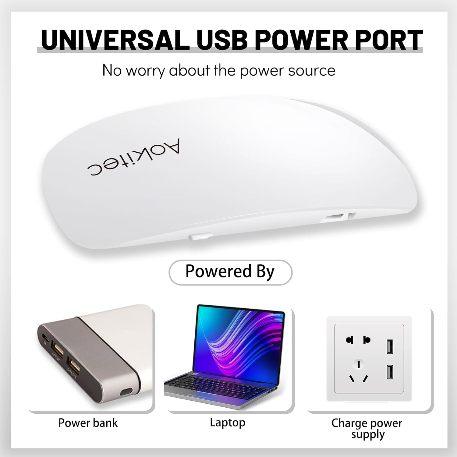 Weißes Gerät mit 'Aokitec', Bilder einer Powerbank, eines Laptops und eines Netzteils, alles unter 'Universal USB Power Port'.