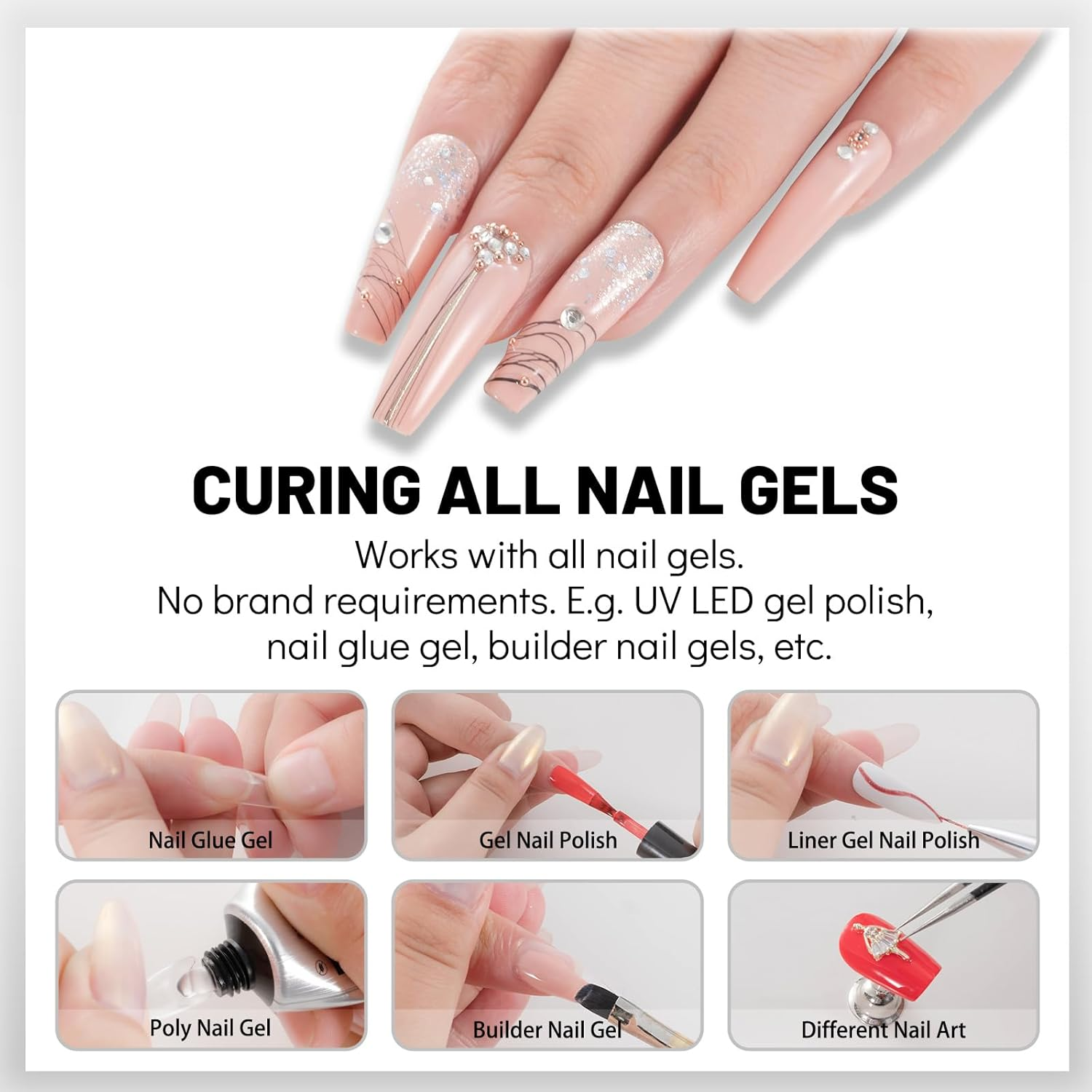 Hände mit langen, verzierten Nägeln. Text: Aushärten aller Nagelgele. Beispiele für Nagelgel-Produkte sind in kleinen Bildern dargestellt.