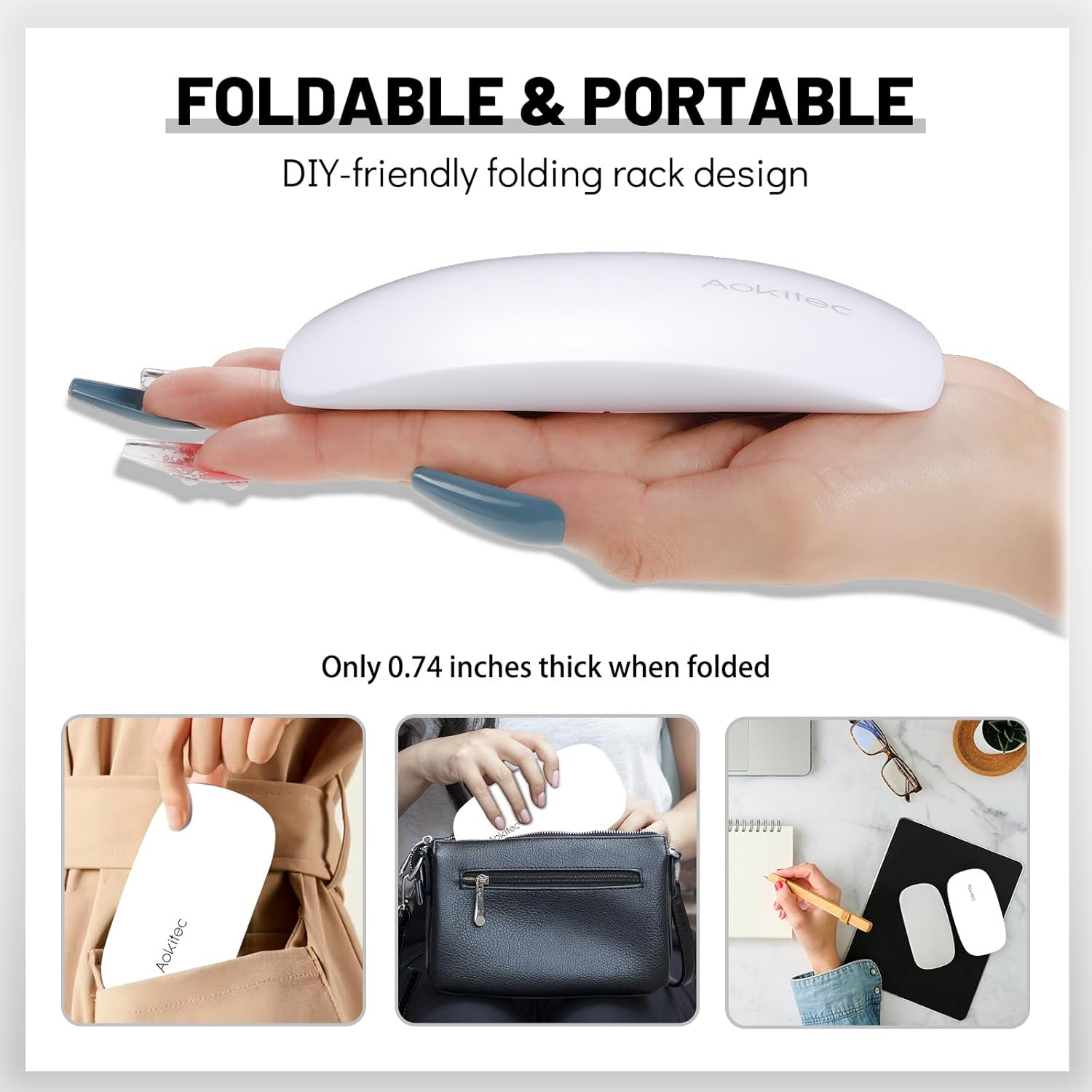 Ein weißes, abgerundetes Gerät wird in einer Hand mit langen Nägeln gehalten. Text sagt 'FOLDABLE & PORTABLE'. Kleinere Bilder zeigen Gerät in Tasche.