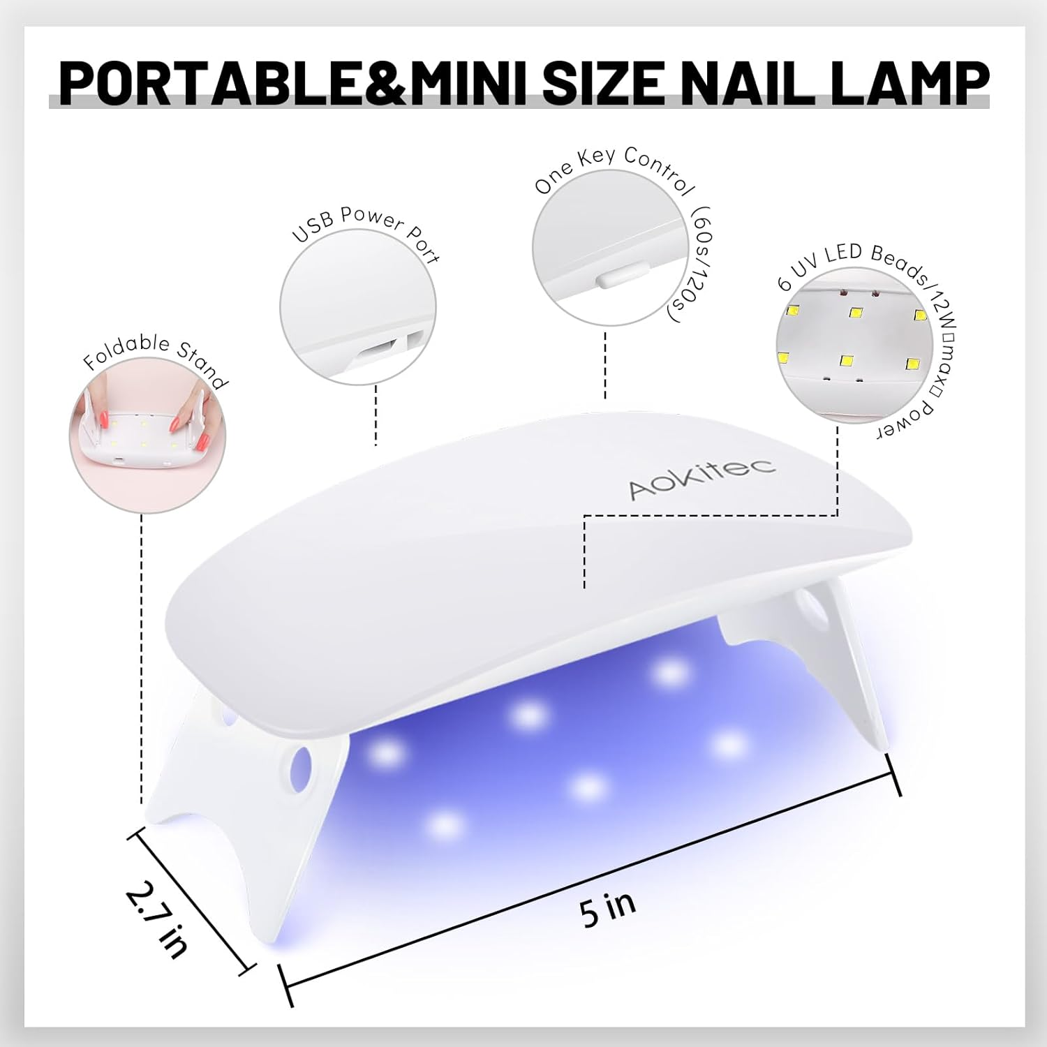 Eine weiße Mini-Nagellampe mit faltbarem Ständer, USB-Anschluss und Tastenschalter. Sie hat 6 UV-LED-Perlen und ist mit „Aokitec“ beschriftet.