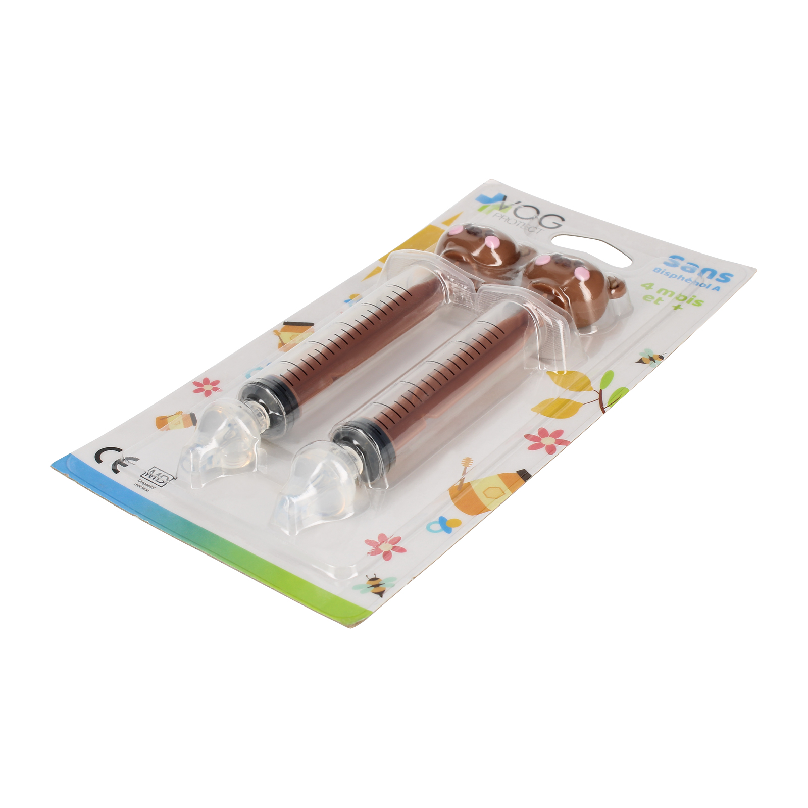 Una confezione con due siringhe riempite di liquido marrone e tappi a forma di orso. La confezione ha illustrazioni e testo colorati.