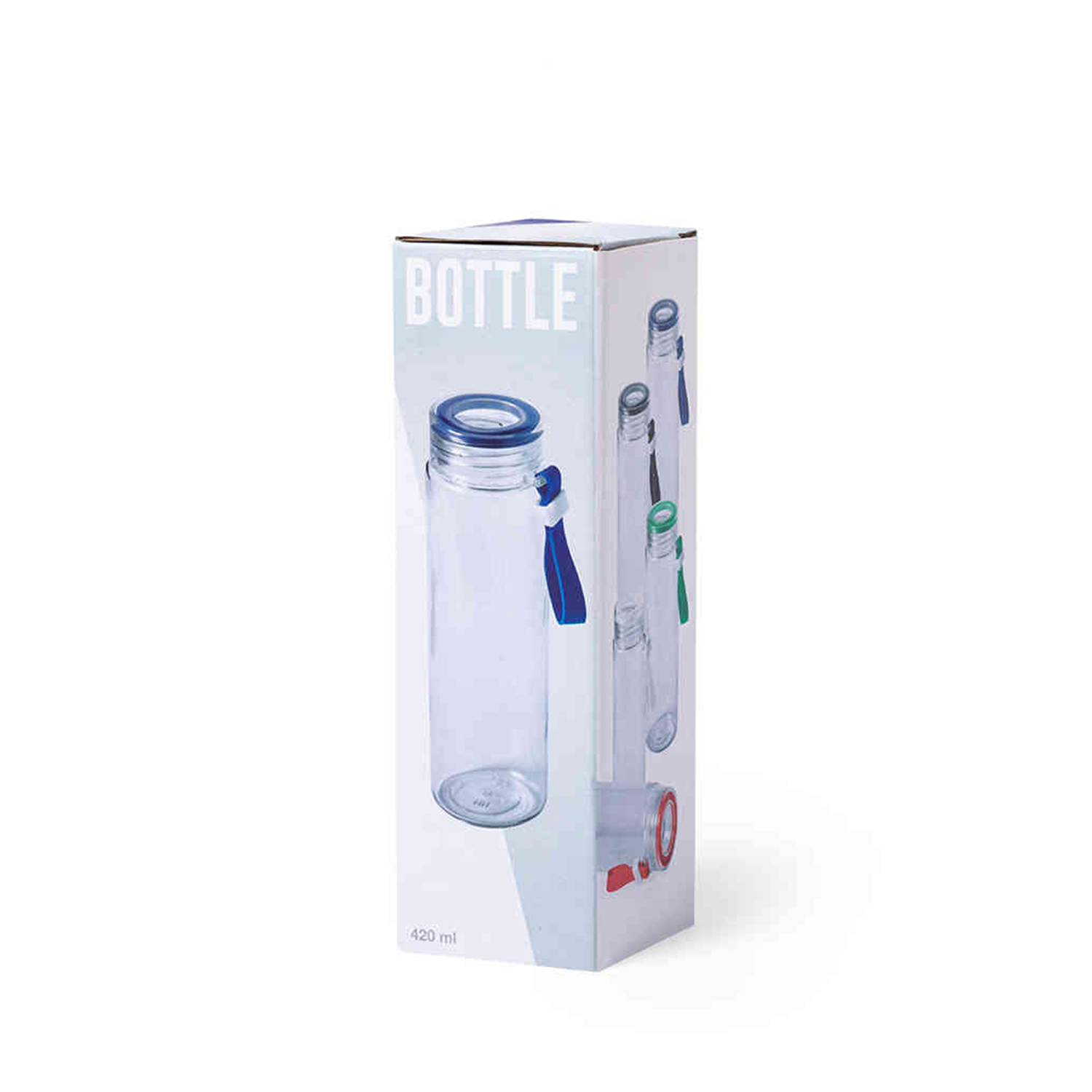 Una caja alta muestra una botella de agua transparente con tapa y correa azules. La caja tiene ilustraciones de botellas y la palabra 'BOTTLE'.