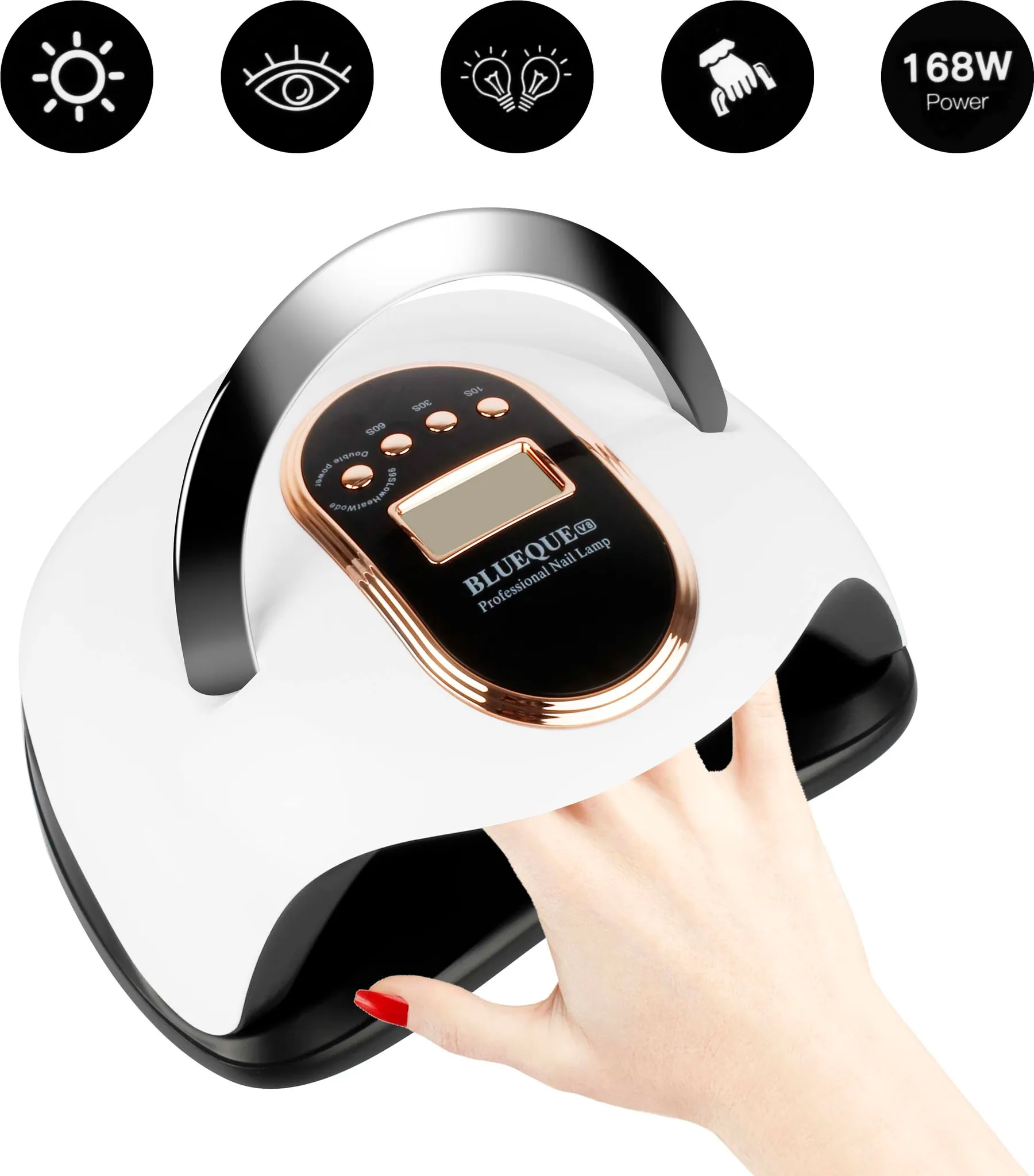 Eine weiße Nagellampe mit einer Hand darin. Die Lampe hat ein digitales Display und eine goldfarbene Zierleiste. Die Hand hat roten Nagellack.