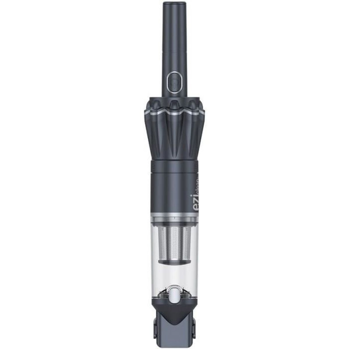 Un aspirapolvere portatile grigio scuro. Presenta un lungo manico, una sezione centrale scanalata, un contenitore trasparente e un ugello.