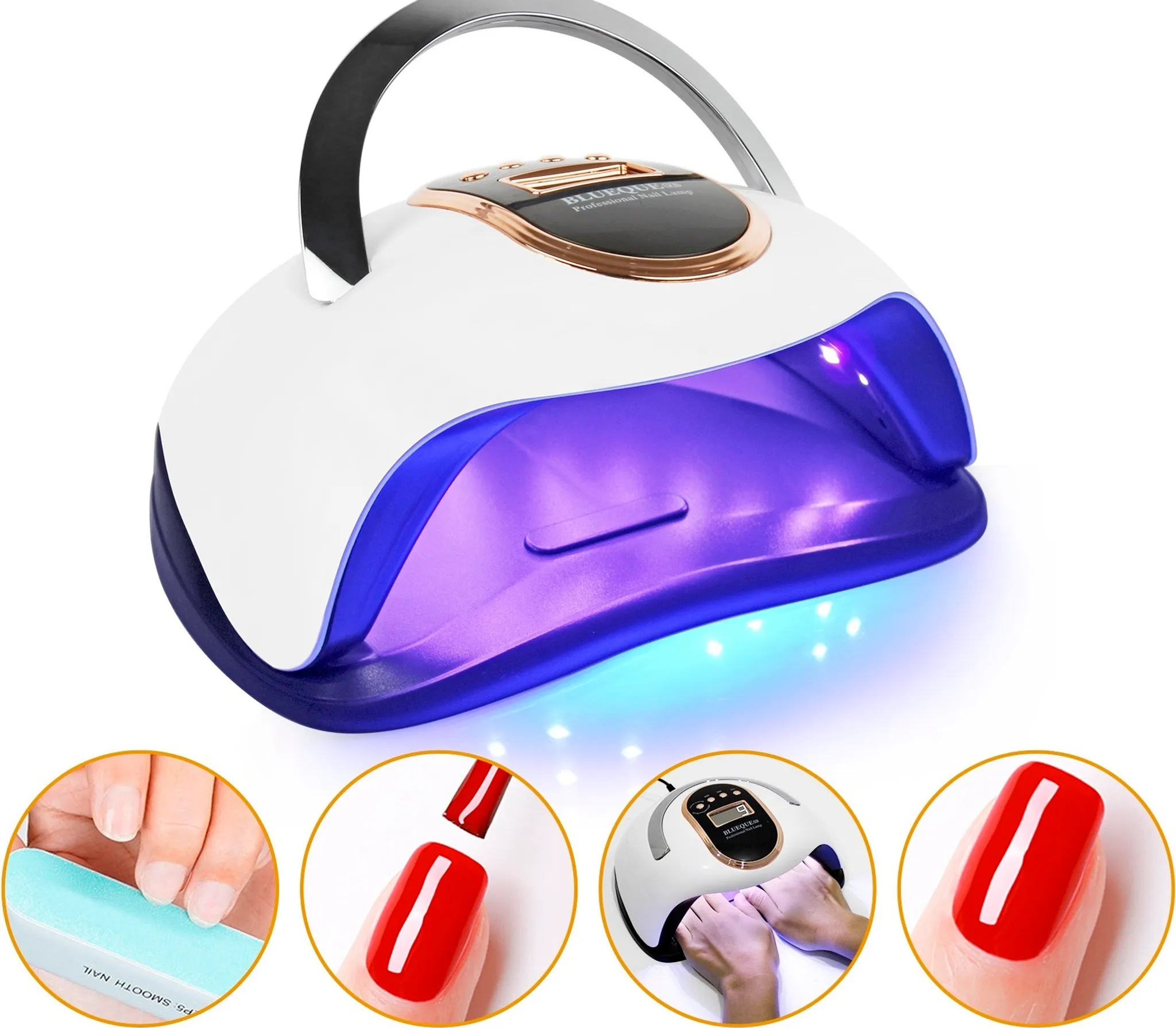 Nagellampe mit Griff. Enthält Nahaufnahmen von Nägeln, Nagellack und Händen, die die Lampe benutzen.