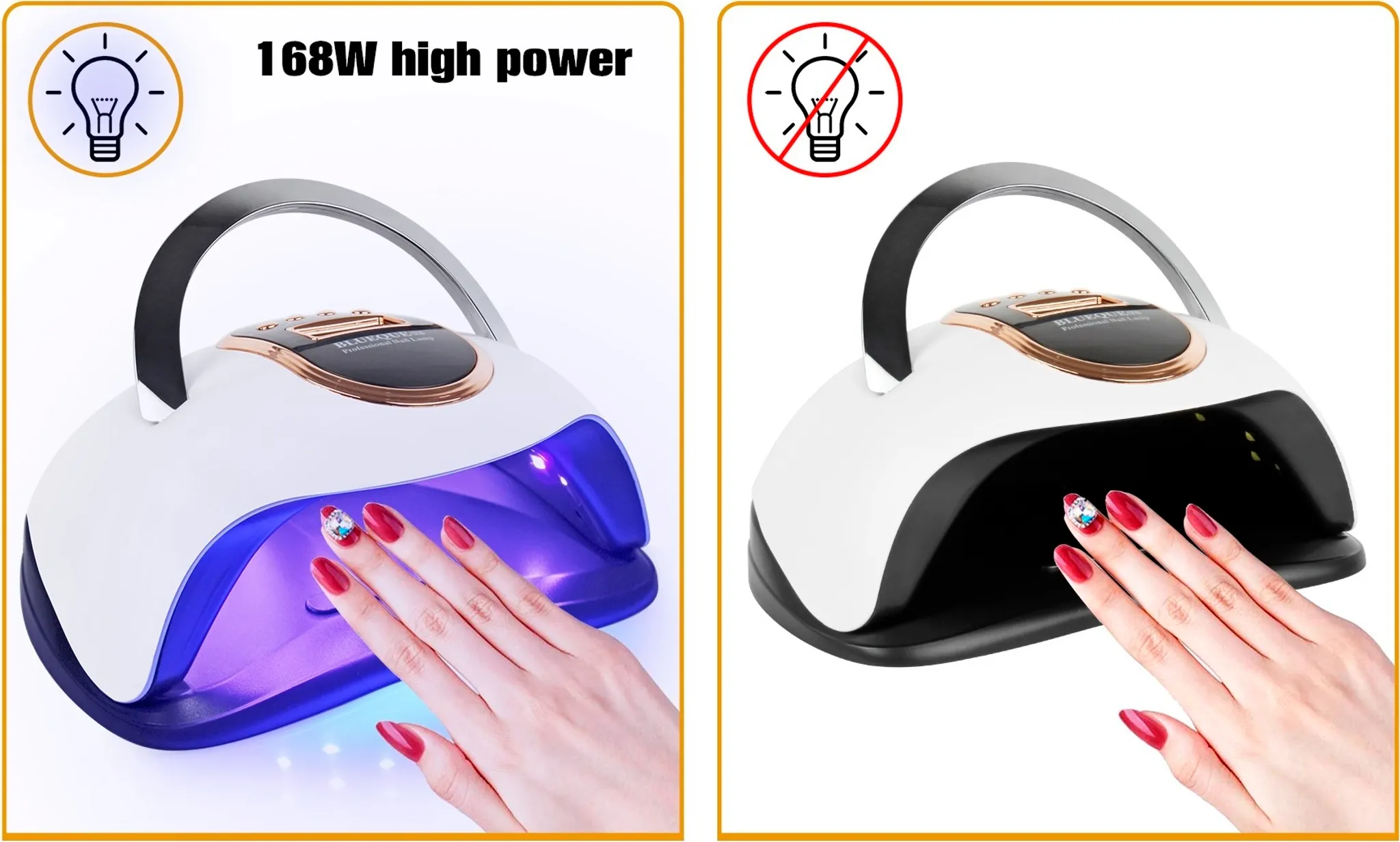 Eine Nagelhärtungslampe mit einer Hand darin. Die Lampe ist weiß mit einem silbernen Griff. Die Hand hat roten Nagellack und einen Edelstein.