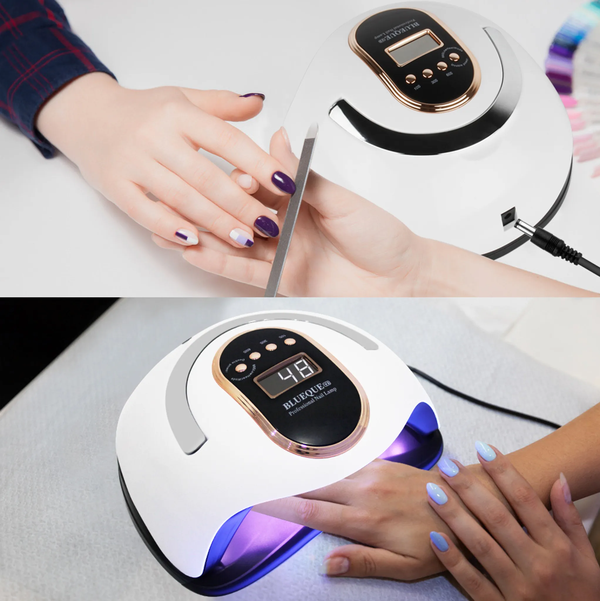 Eine Nageldesignerin feilt die Nägel einer Kundin mit lila und weißem Nagellack. Im Hintergrund befindet sich eine UV-Nagellampe.