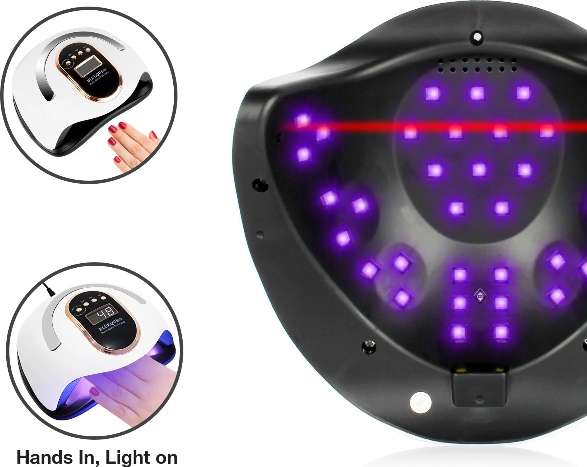 Nagellampe mit Hand im Inneren, die violettes Licht aussendet. Zwei kleinere Bilder zeigen Hände und das Bedienfeld der Lampe.