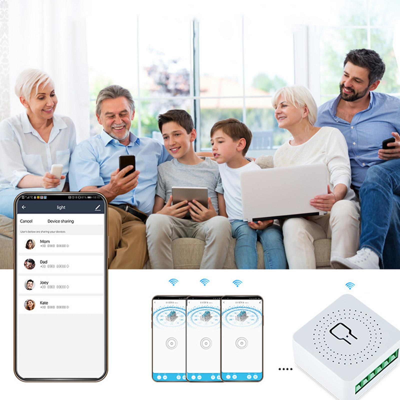 Familie auf dem Sofa mit Geräten und Smart-Home-Komponenten. Telefone, Tablets und ein Laptop sind sichtbar. Ein Smart-Switch wird angezeigt.
