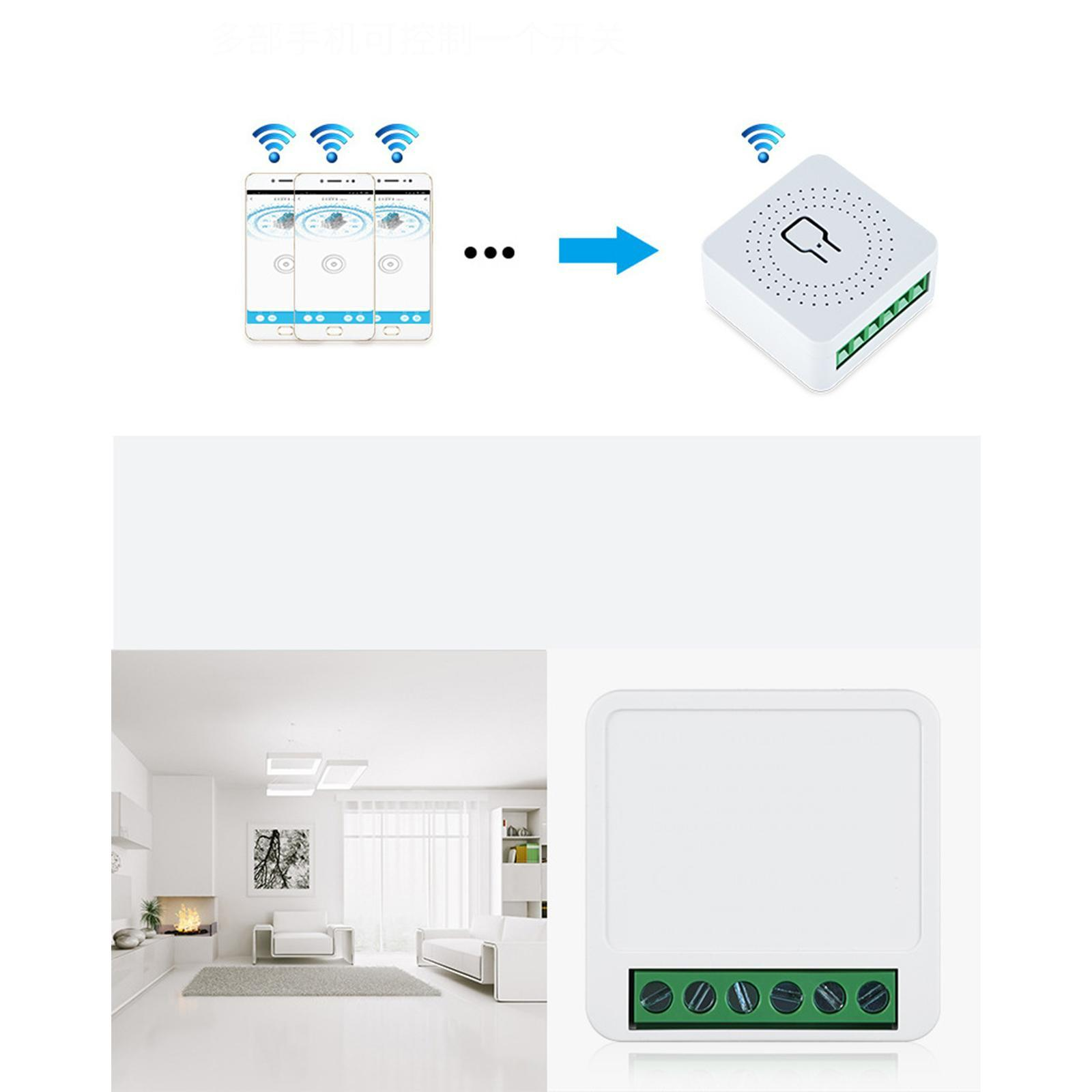 Diagramm zeigt Telefone, die einen intelligenten Schalter steuern. Im Hintergrund ist ein modernes Wohnzimmer. Der Schalter hat grüne Anschlüsse.