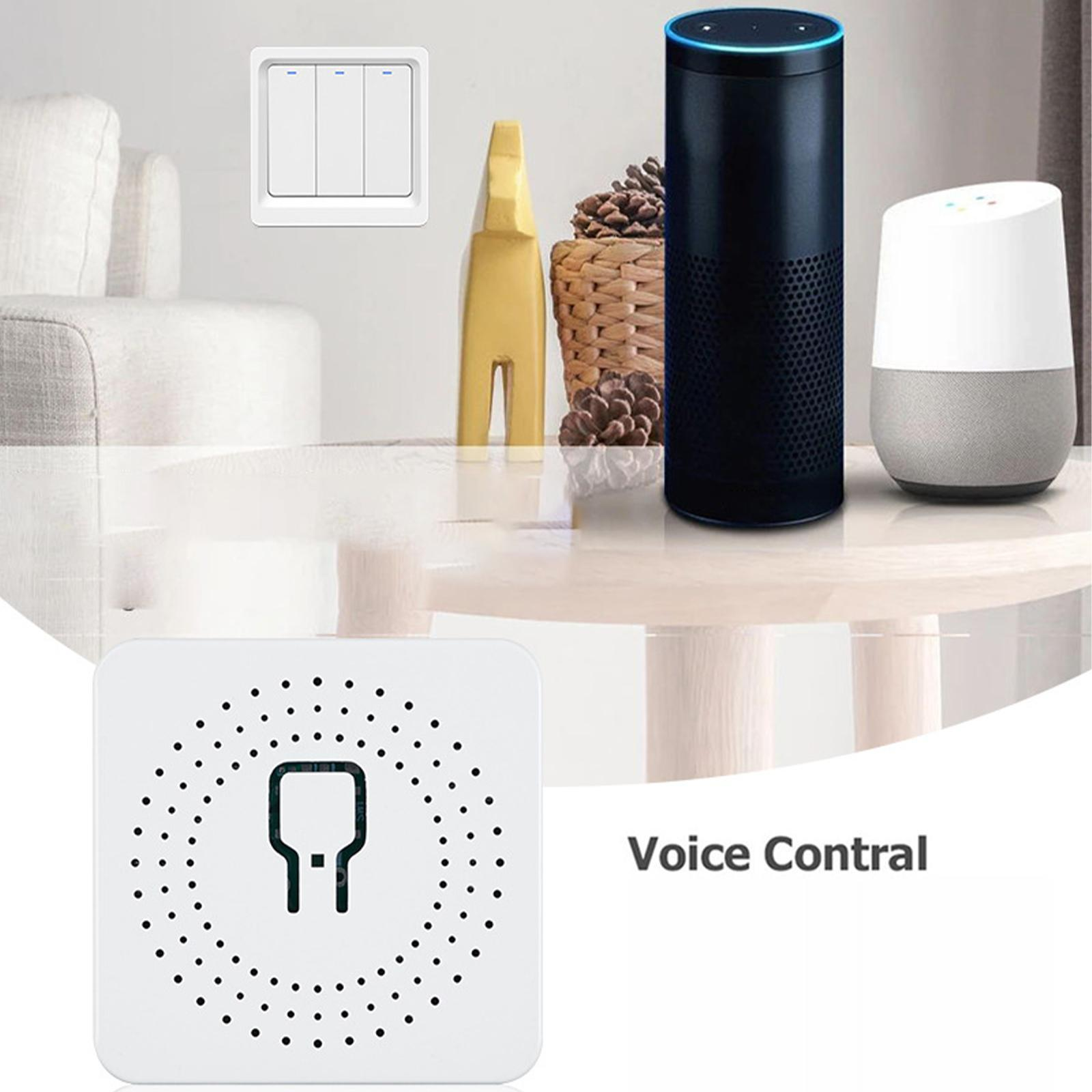 Szene zeigt Smart-Home-Geräte. Enthält einen Schalter, Amazon Echo, Google Home und ein Sprachsteuerungsgerät.