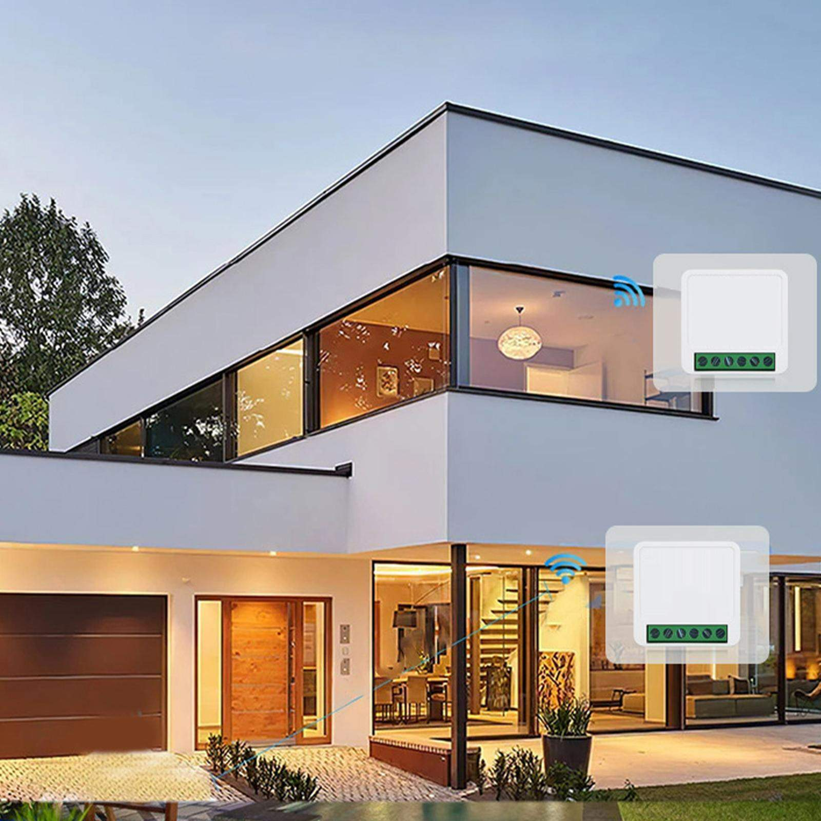 Modernes weißes Haus mit Glasfenstern, zwei Smart-Home-Geräten und einer Holztür. WiFi-Signale sind vorhanden.