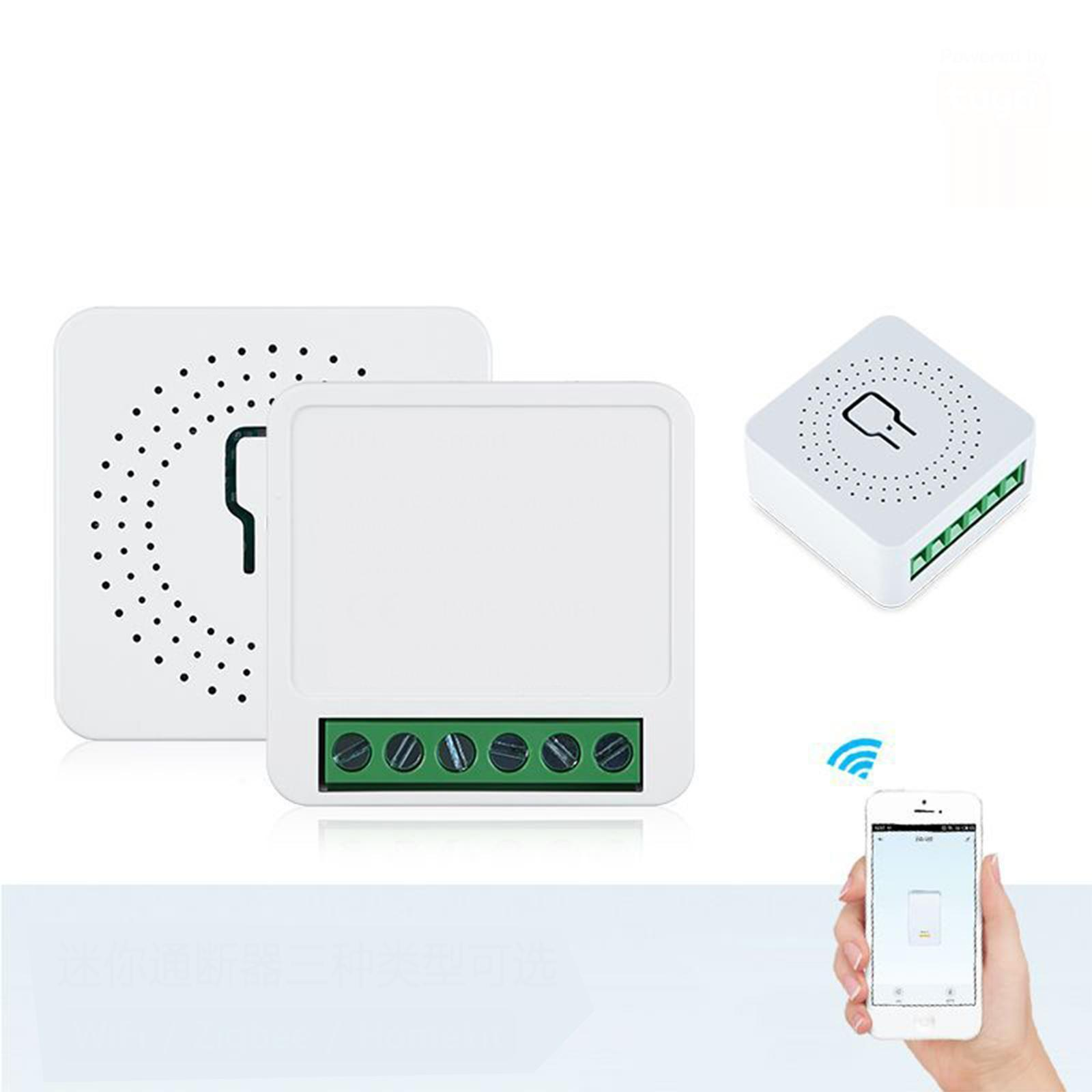 Weiße Smart-Home-Geräte: ein großes Quadrat, ein kleines Quadrat und ein Würfel. Ein Telefon zeigt einen Lichtschalter. Ein WLAN-Symbol ist sichtbar.