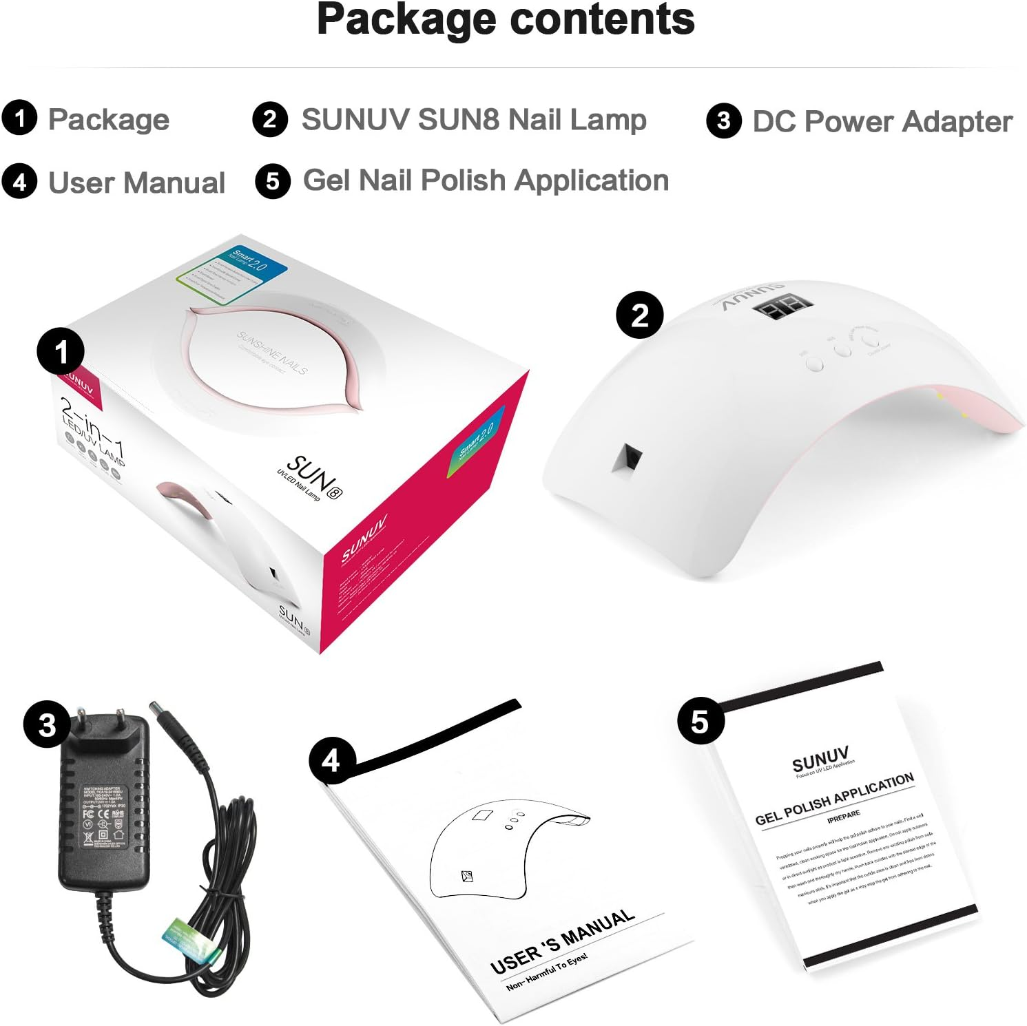 Paketinhalt: Nagellampe, Adapter, Handbuch und Gel-Polish-Anwendungsanleitung. Artikel liegen auf weißem Untergrund mit schwarzem Hintergrund.
