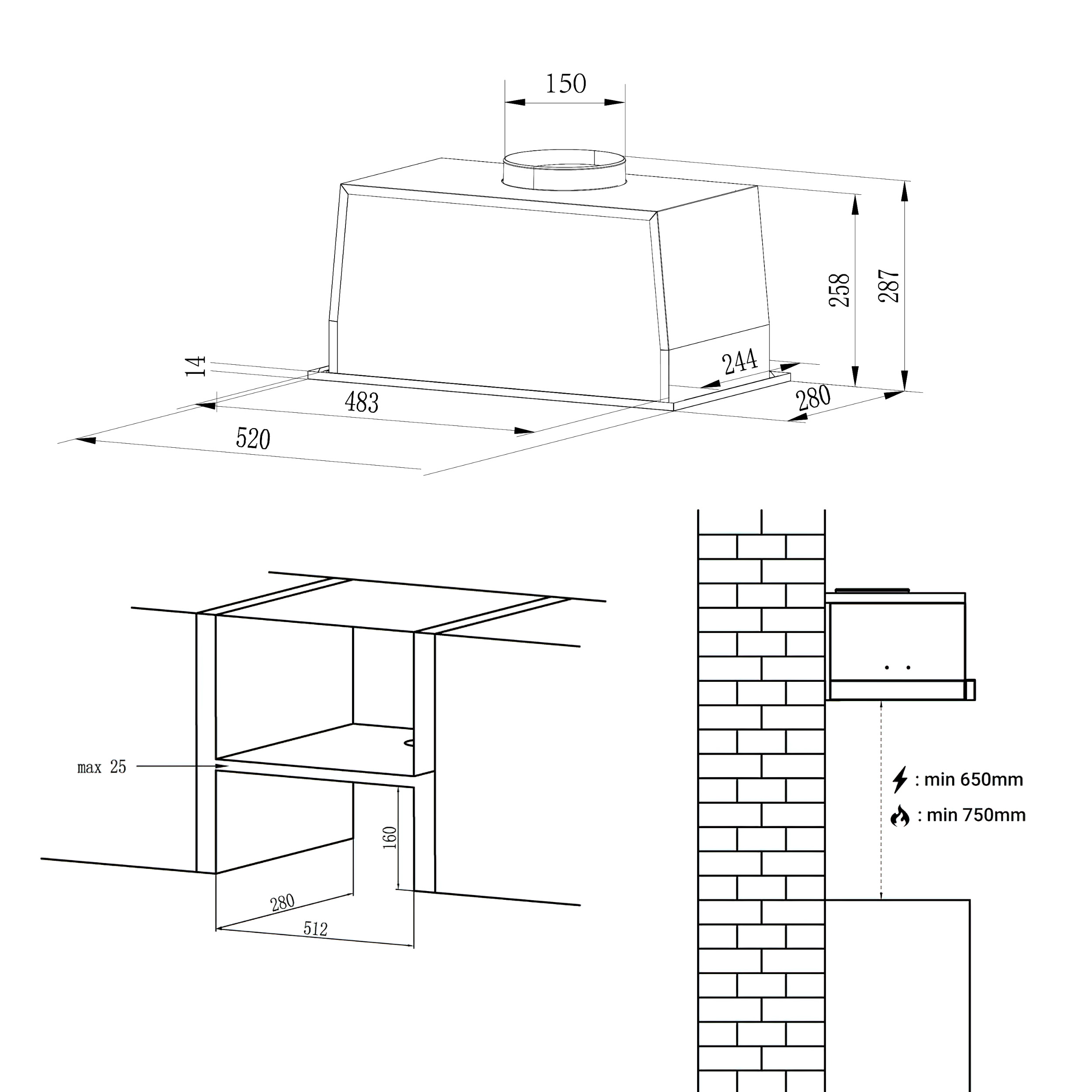 Technische tekening van een afzuigkap met afmetingen. Toont verschillende onderdelen en een bakstenen muur met minimale hoogte-aanduidingen.