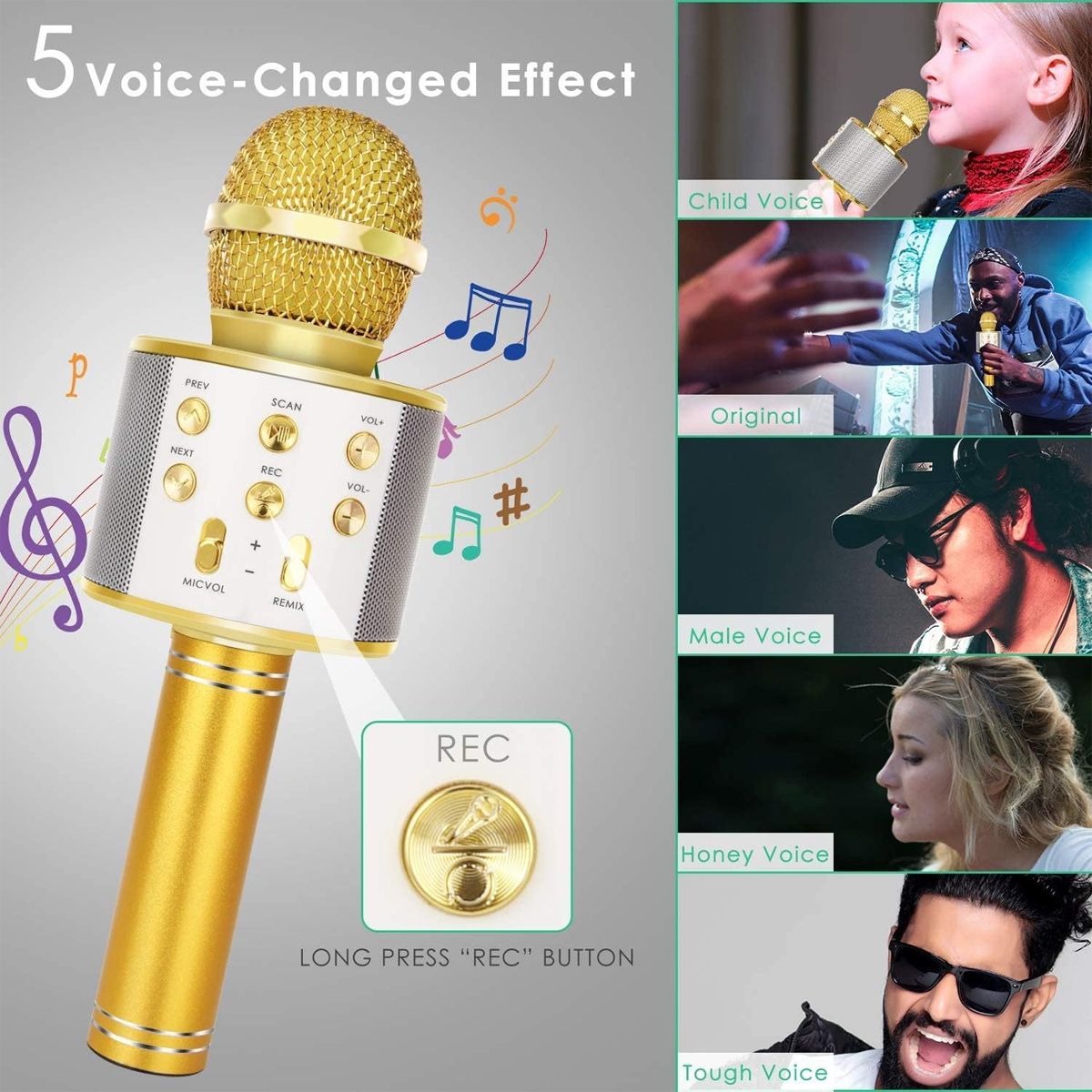 Ein goldenes Mikrofon mit Knöpfen und einer REC-Taste. Es hat Voice-Changing-Effekte. Beispiele sind mit Kinder-, Original-, Männer-, Honig- und rauen Stimmen.