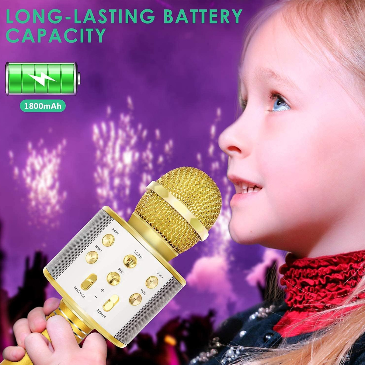 Ein Mädchen hält ein goldenes Mikrofon. Der Hintergrund ist lila mit Akku-Symbol und dem Text 'LANGLEBIGE BATTERIEKAPAZITÄT'.