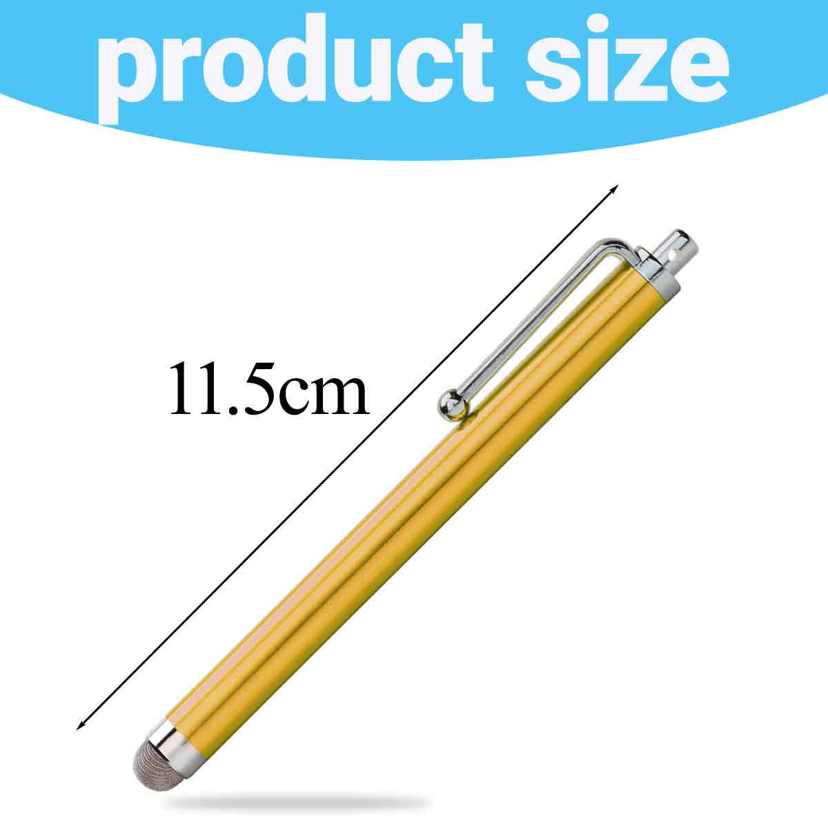 Ein goldener Stift mit silbernem Clip. Er ist 11,5 cm lang. Oben steht 'Produktgröße'.