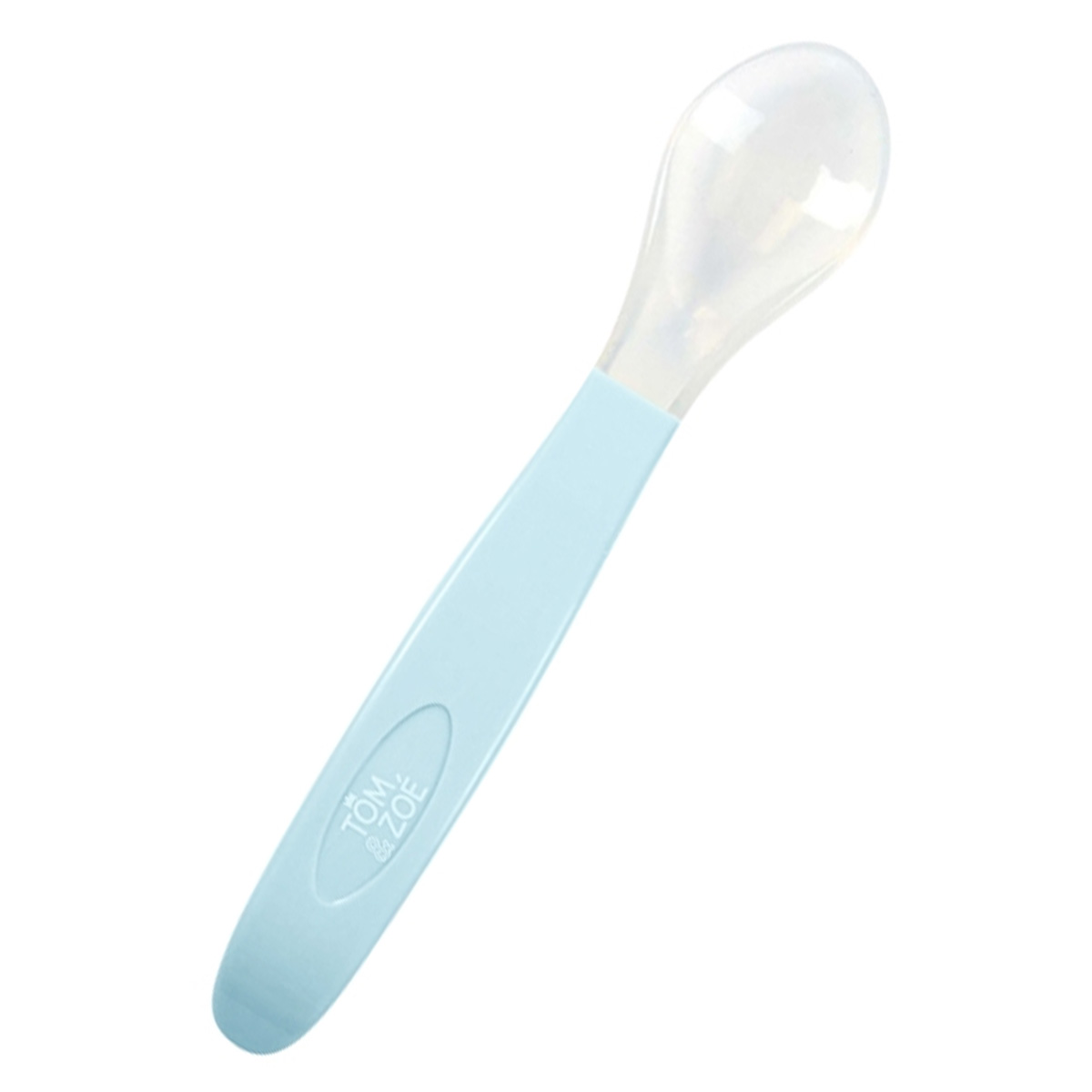Un cucchiaino per bambini con manico azzurro e testa trasparente a forma ovale. Il marchio "Tom & Zoe" è stampato sul manico.