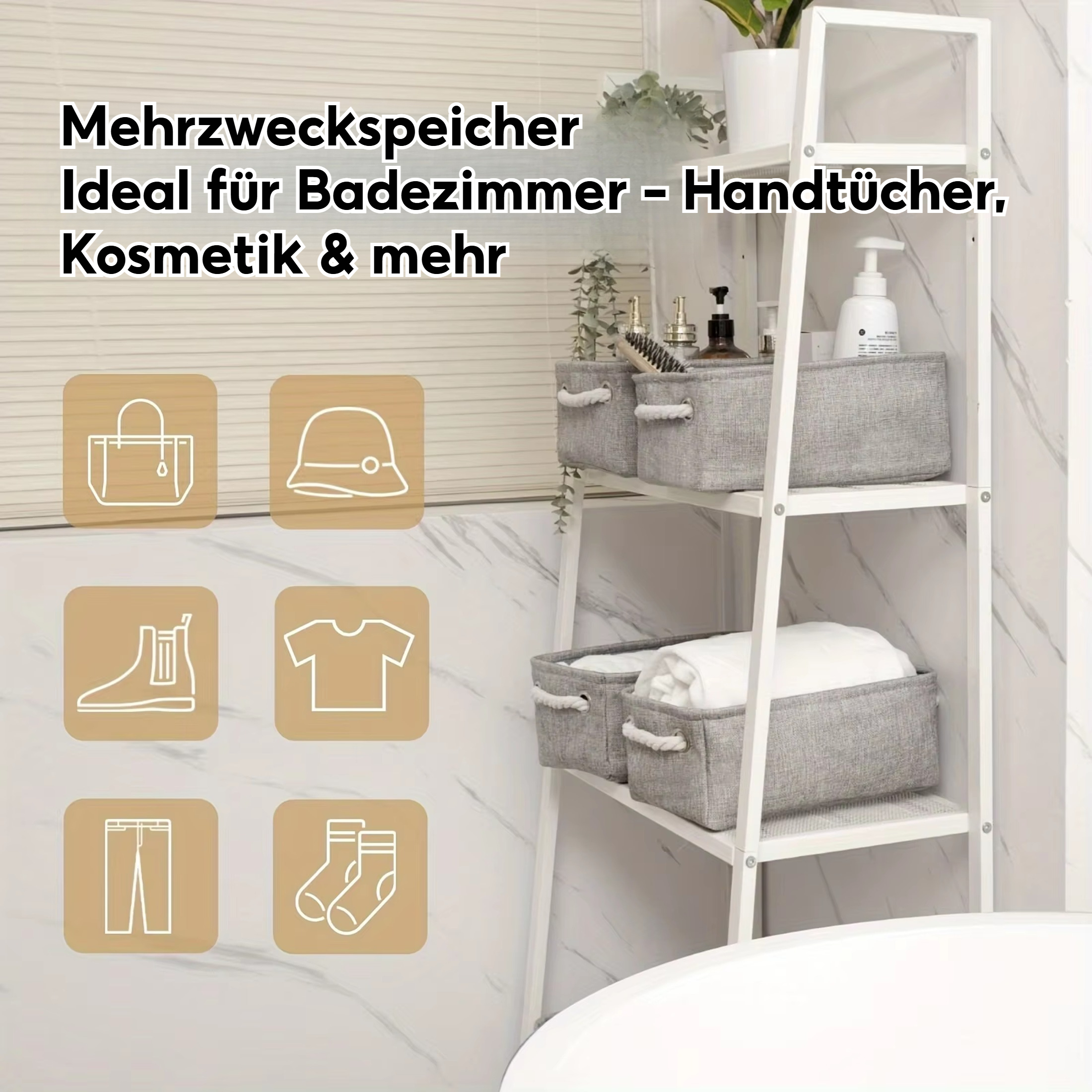 Weißes Regal mit grauen Körben in einem Badezimmer. Handtücher, Flaschen und Pflanzen stehen auf dem Regal. Text auf dem Bild.