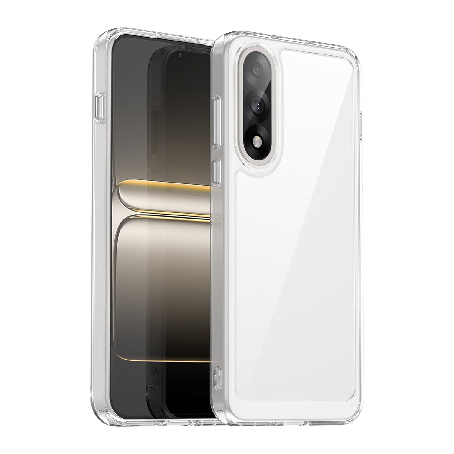 Transparente Handyhülle mit Telefon. Das Telefon hat einen schwarzen Bildschirm und eine Kamera. Die Hülle ist durchsichtig.