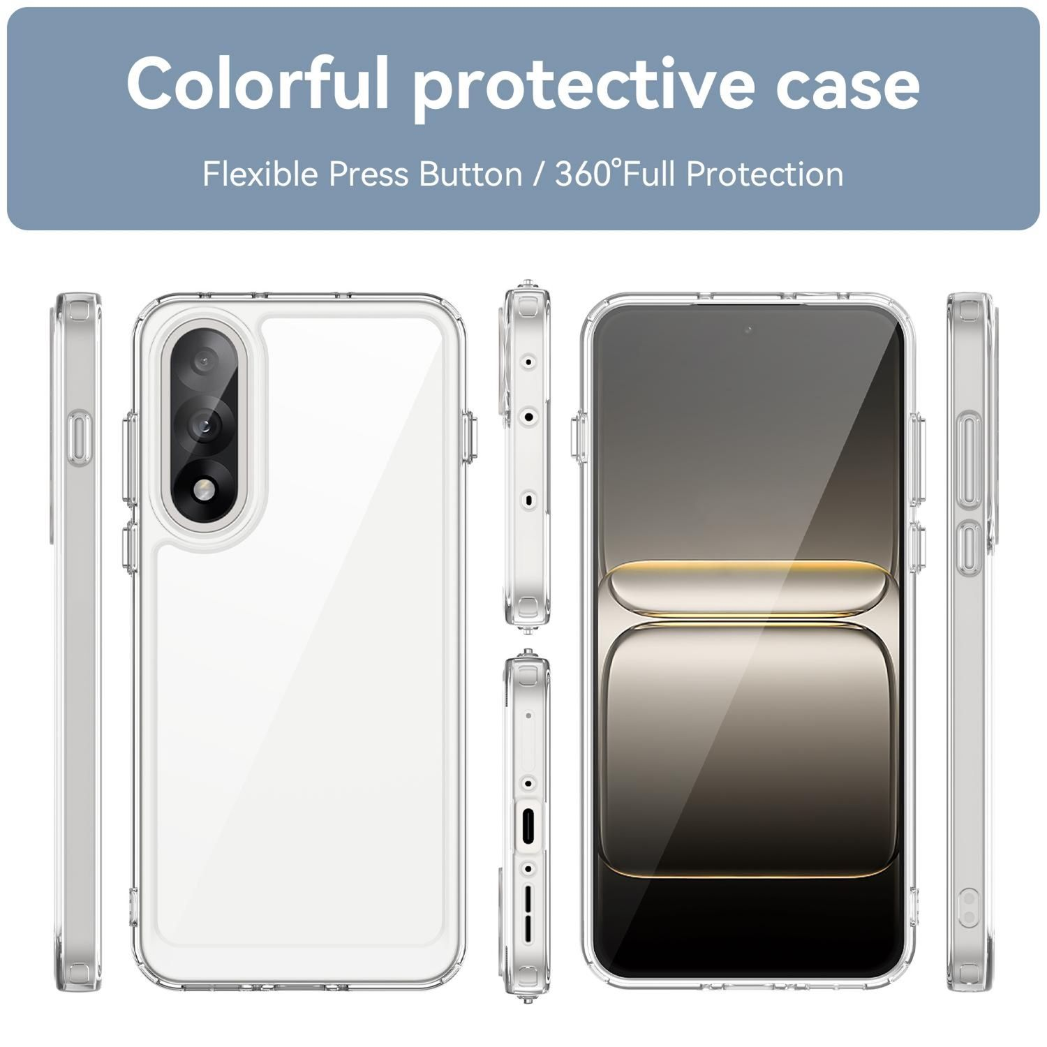 Transparente Handyhülle mit Telefon im Inneren, verschiedene Winkel dargestellt. Oben steht "Colorful protective case".