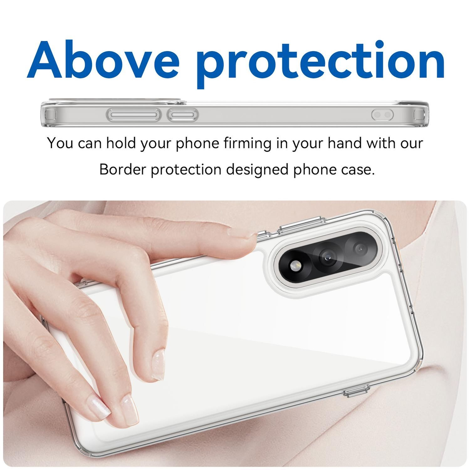 Eine klare Handyhülle wird von einer Hand gehalten. Der Text oben lautet 'Above protection'. Die Hülle hat einen Kameraausschnitt.
