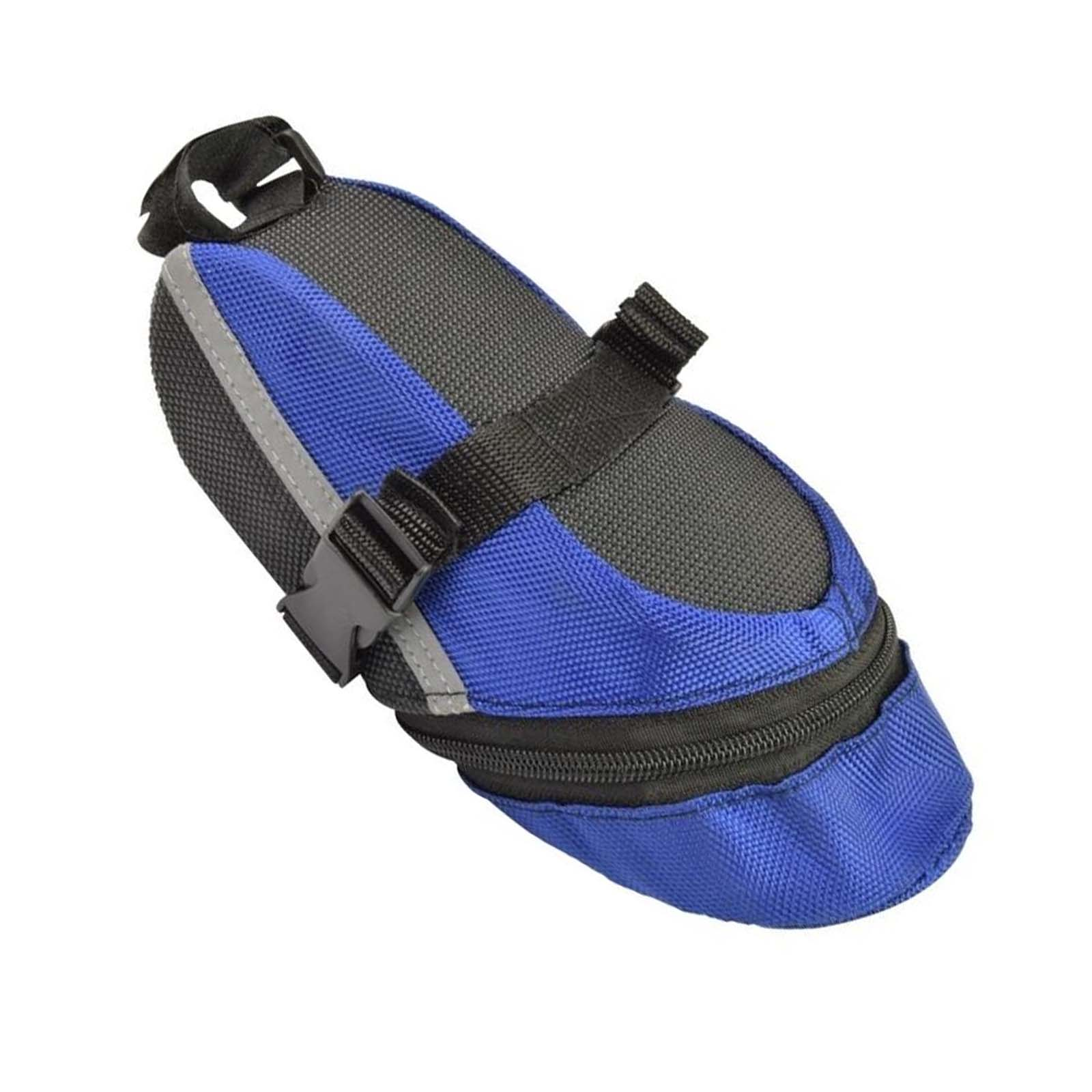 Blaue und schwarze Fahrrad-Satteltasche mit Reißverschluss und Riemen. Sie hat einen reflektierenden Streifen und einen Schnallenverschluss.