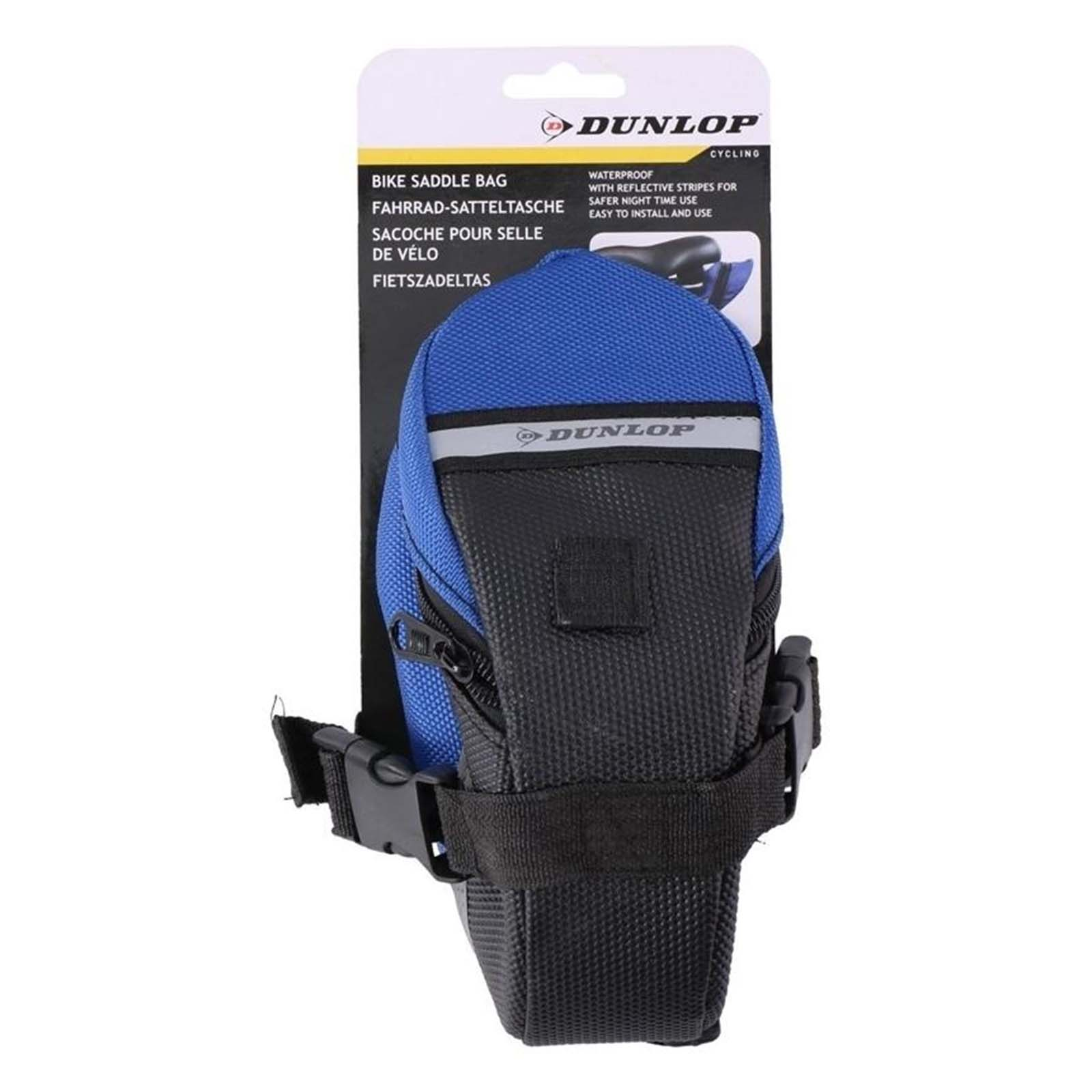 Eine blau-schwarze Dunlop-Fahrrad-Satteltasche. Sie hat reflektierende Streifen und ist wasserdicht.