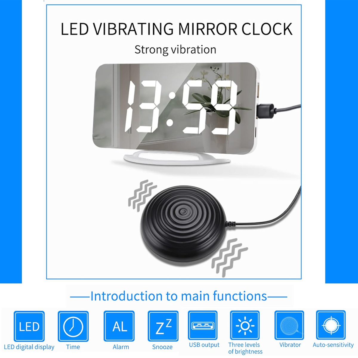 Eine Spiegeluhr zeigt 13:59 an. Darunter befindet sich ein schwarzer, kreisförmiger Vibrator. Die Uhr hat Hauptfunktionssymbole: LED, Zeit, Alarm, Schlummer, USB, Helligkeit, Vibrator, Auto-Empfindlichkeit.