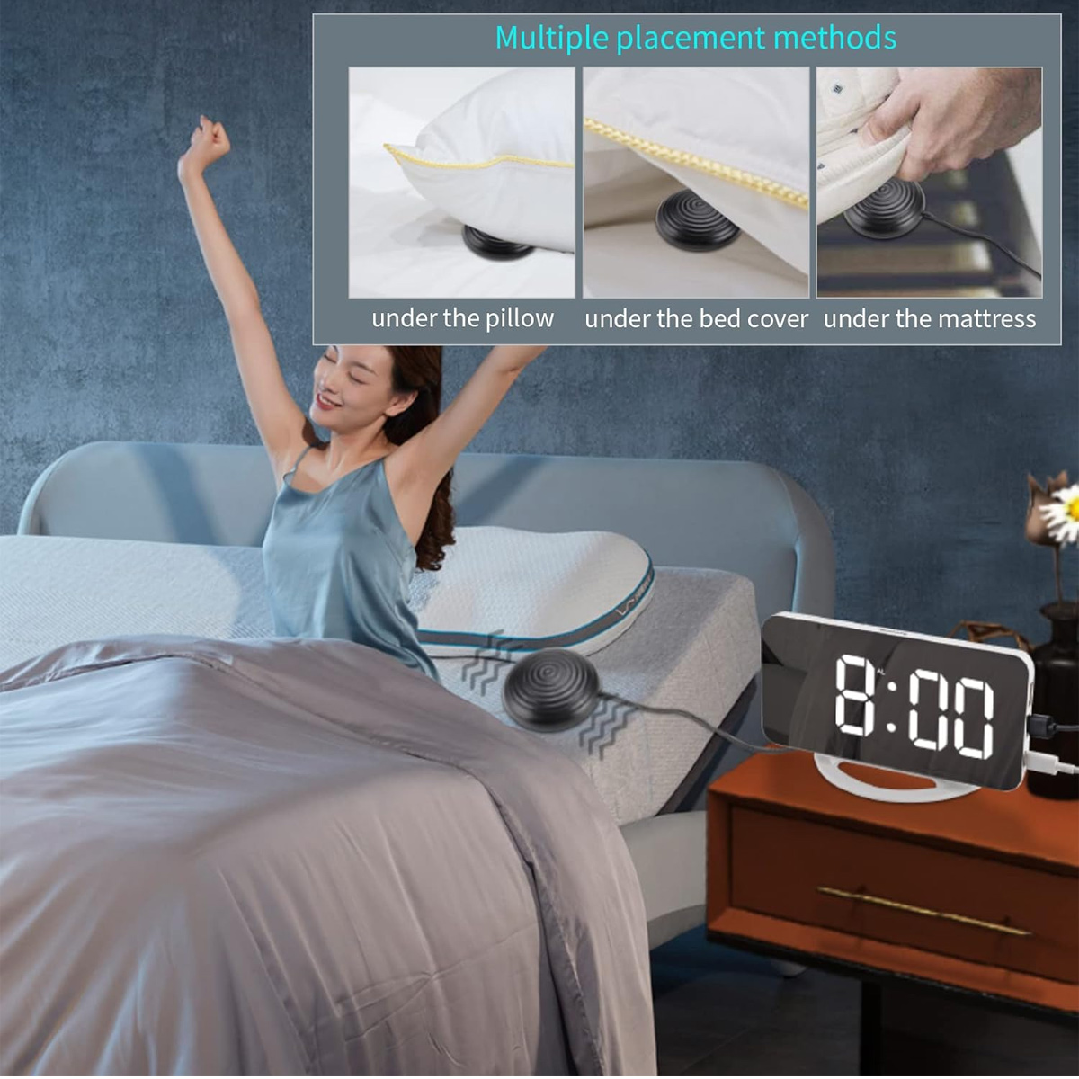 Frau dehnt sich im Bett neben einer Digitaluhr, die 8:00 Uhr anzeigt. Die Miniaturansicht zeigt Methoden: unter Kissen, Bettdecke und Matratze.