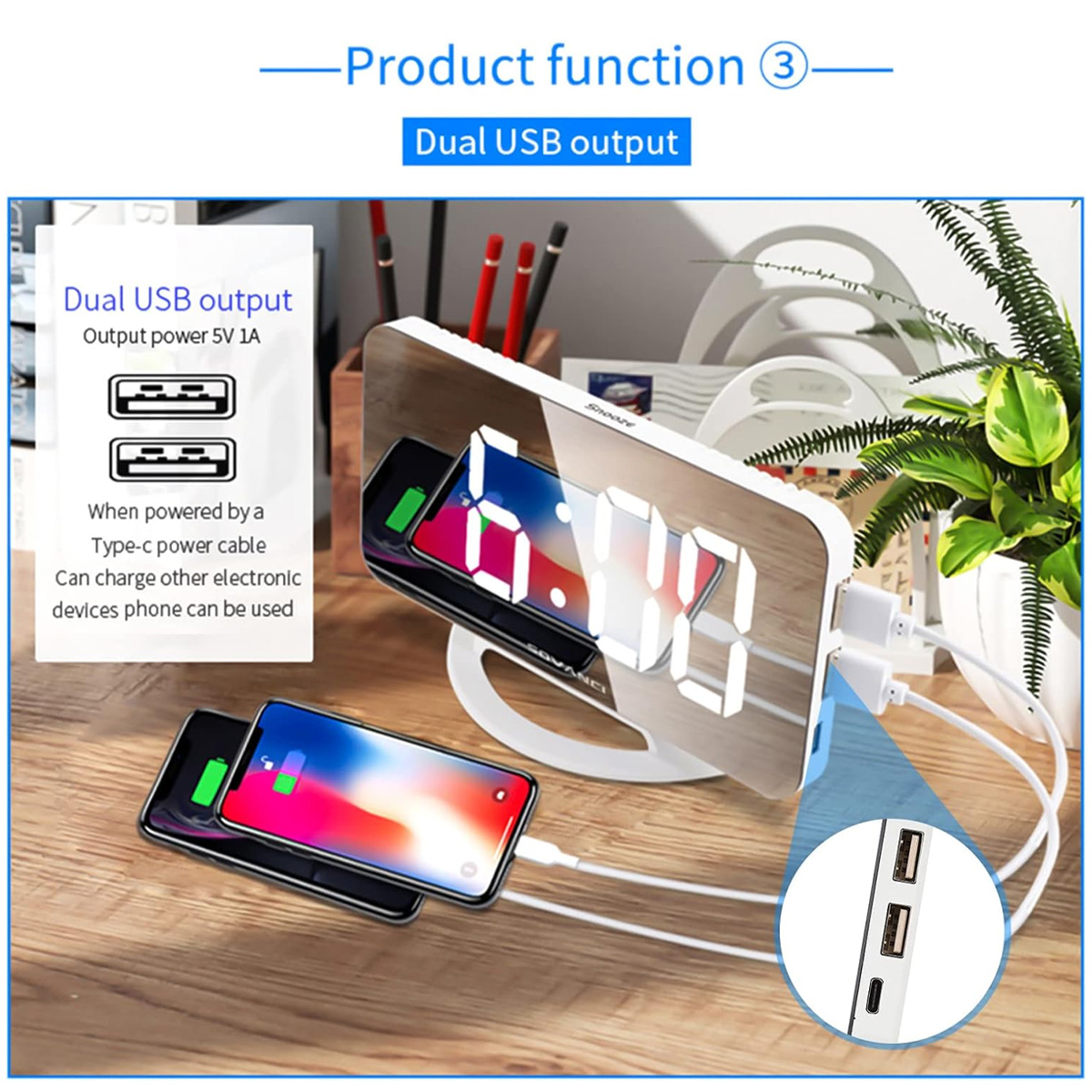 Eine Digitaluhr mit zwei Handys, die über USB aufgeladen werden. Die Uhr zeigt 6:00 Uhr an. Text zeigt Dual-USB-Ausgang zum Aufladen von Geräten.