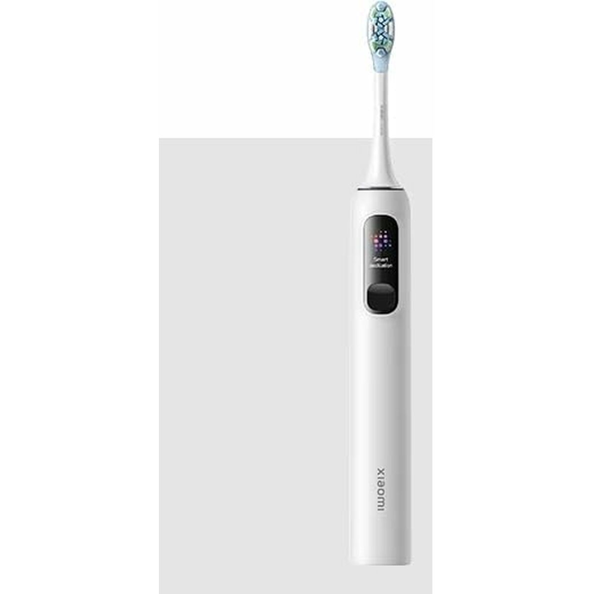 Weiße elektrische Zahnbürste mit blauen und grünen Borsten. Verfügt über eine schwarze Taste und einen kleinen Bildschirm. Die Marke ist Xiaomi.