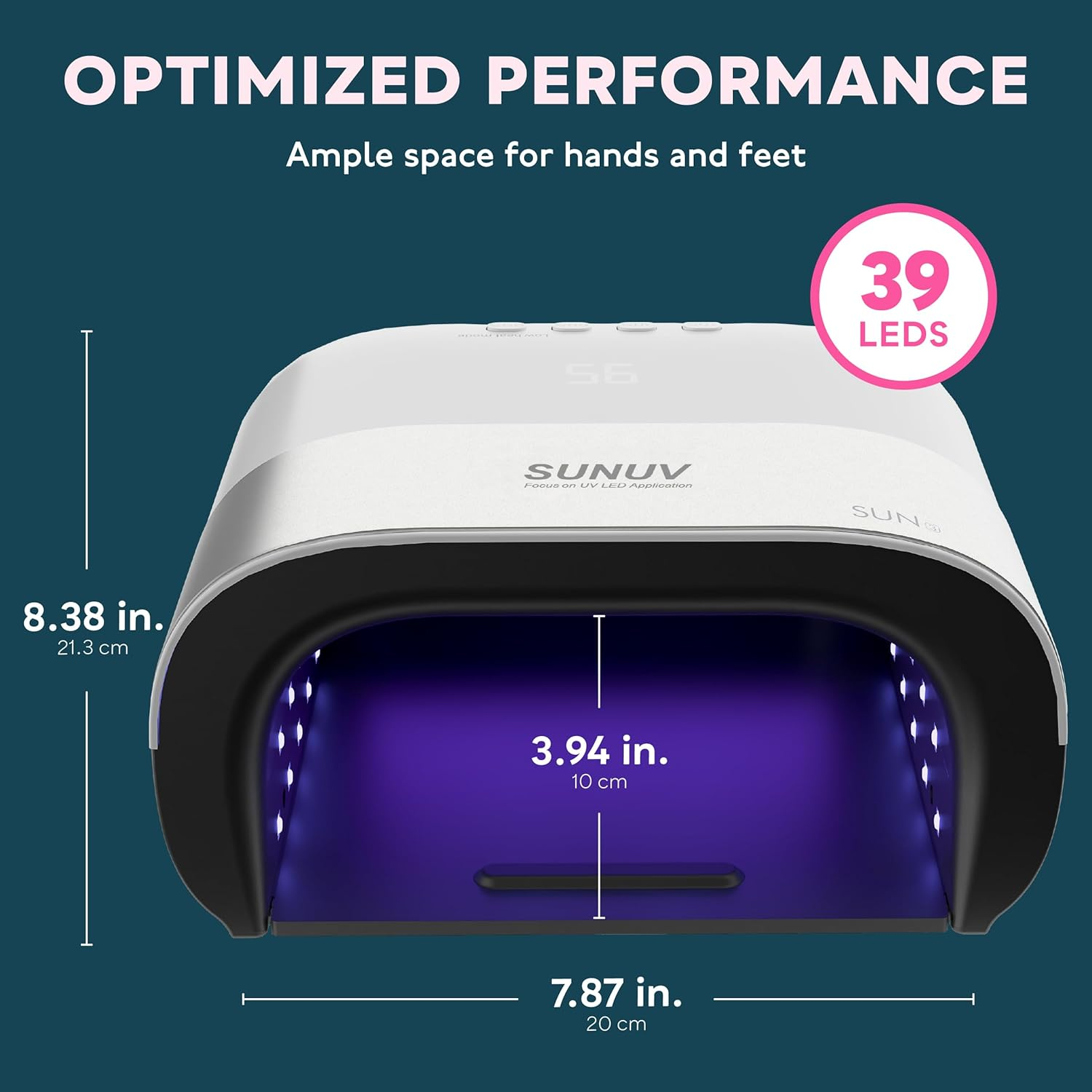Eine weiße SUNUV LED-Nagellampe mit Abmessungen. Sie verfügt über 39 LEDs und viel Platz. Text enthält: Optimierte Leistung.