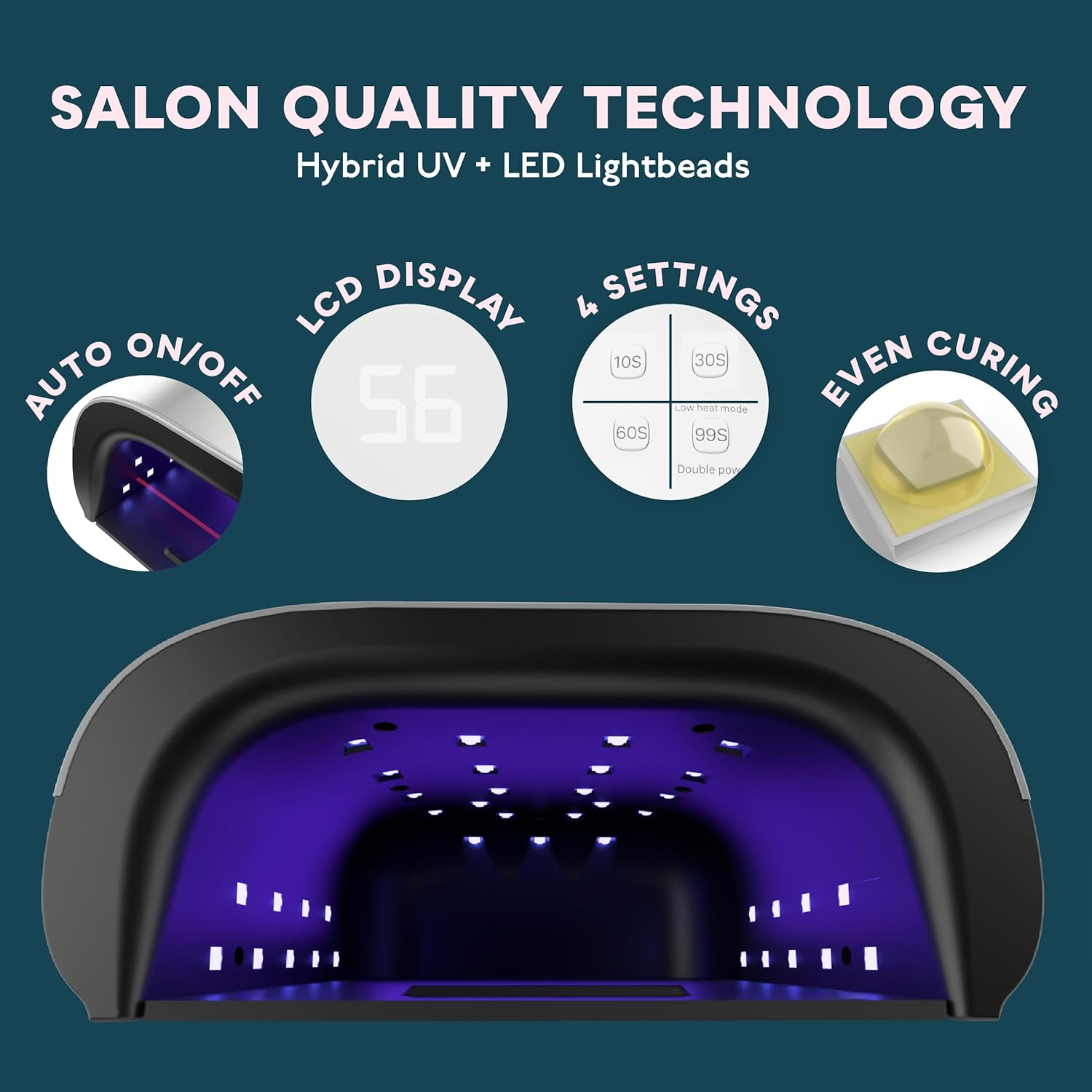 Eine schwarze Nagellampe mit blauem Innenraum und weißen Lichtern. Sie hat Einstellungen, ein LCD-Display und die Worte 'Salon Quality Technology'.