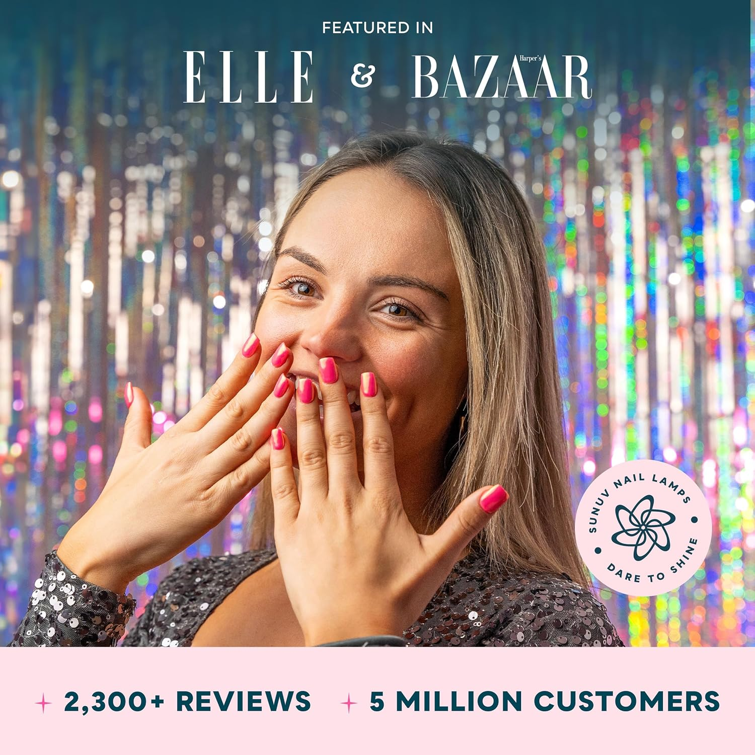 Frau mit pinken Nägeln lächelt, zeigt Hände. Hintergrund: Elle & Bazaar Logos und Sunuv Logo. Text: 2.300+ Bewertungen, 5 Millionen Kunden.