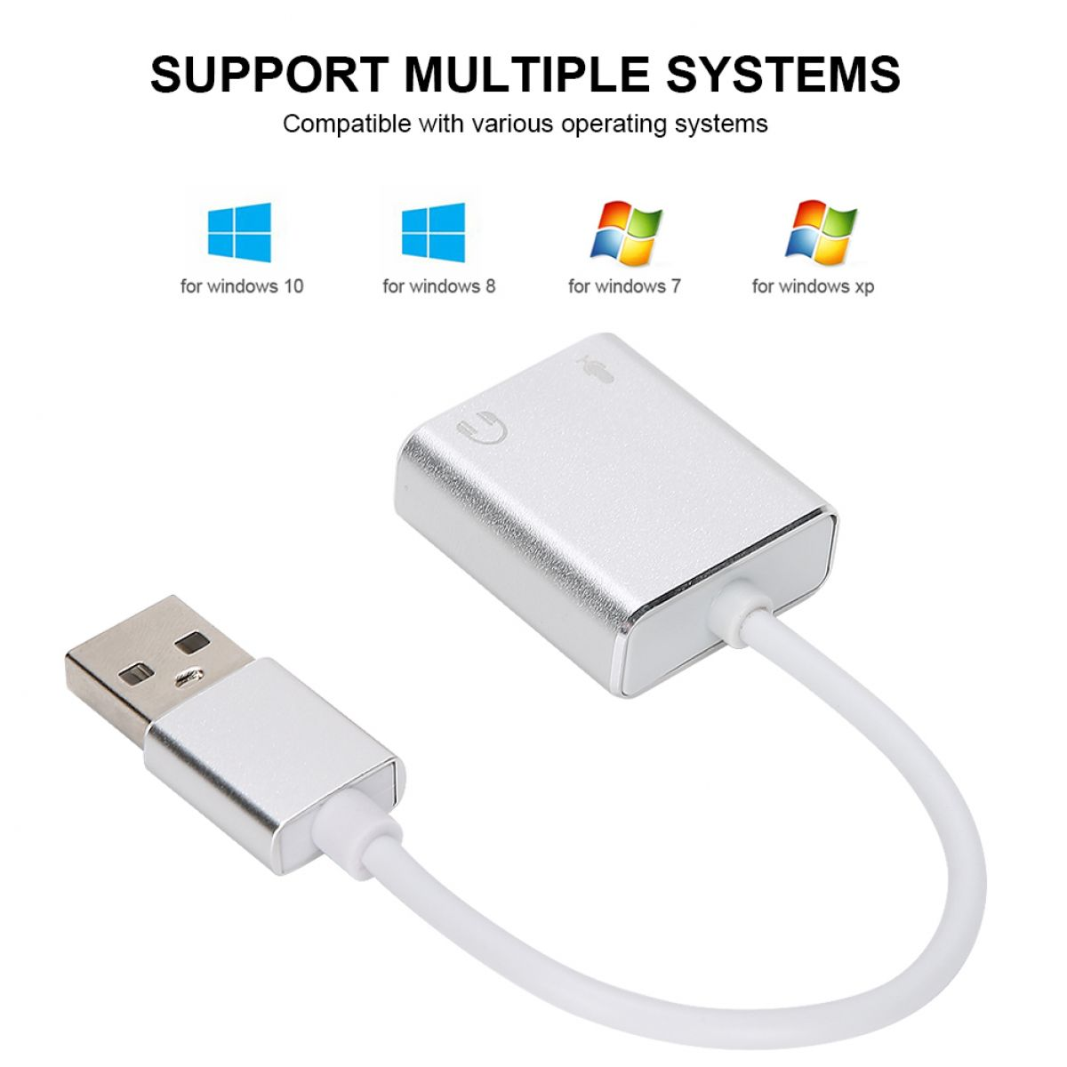 Ein silberner USB-Adapter mit weißem Kabel wird zusammen mit Windows-Betriebssystemlogos angezeigt, was die Kompatibilität anzeigt.