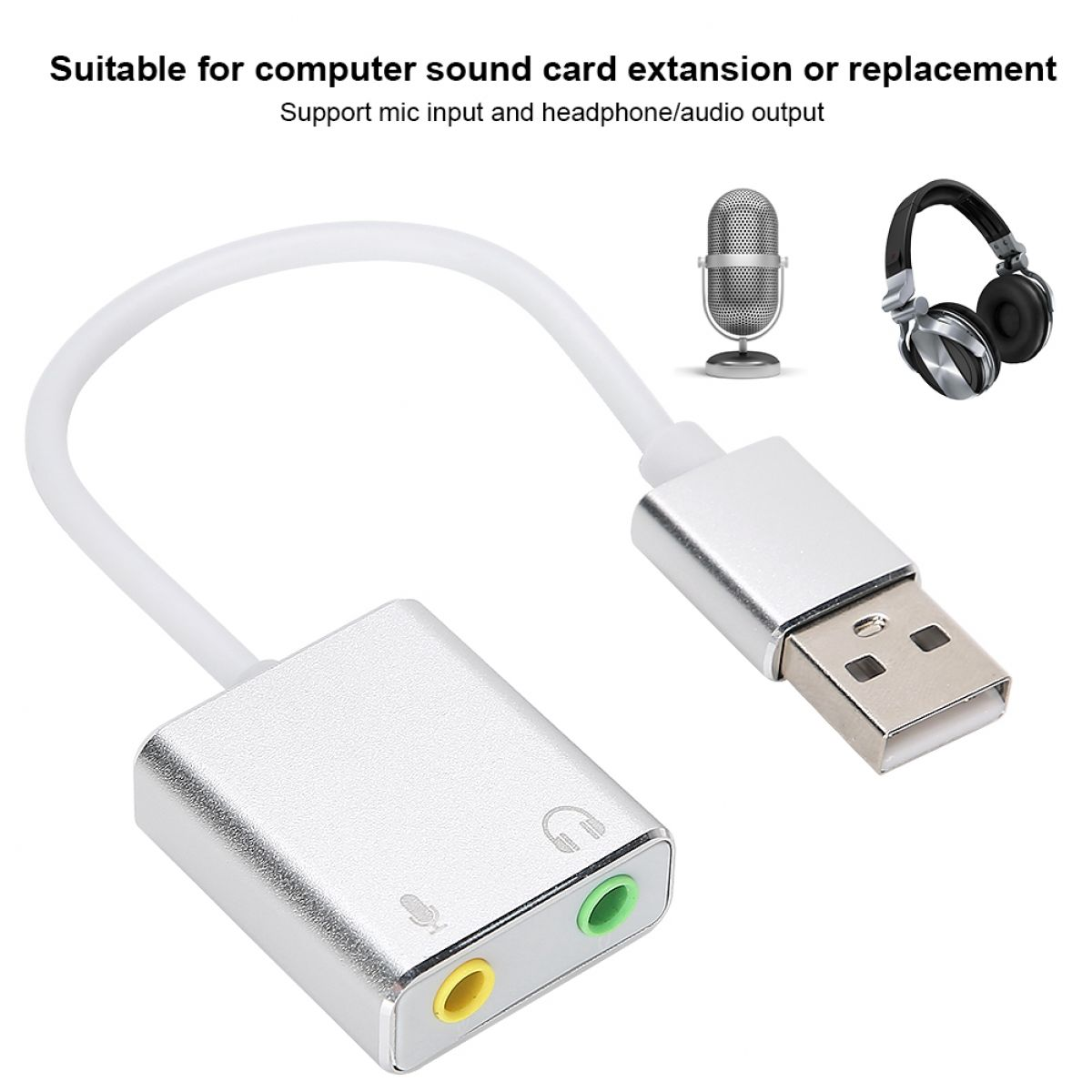 Silberner Soundkartenadapter mit USB-Anschluss, Mikrofoneingang und Kopfhörerausgang. Enthält eine Mikrofon- und Kopfhörerillustration.