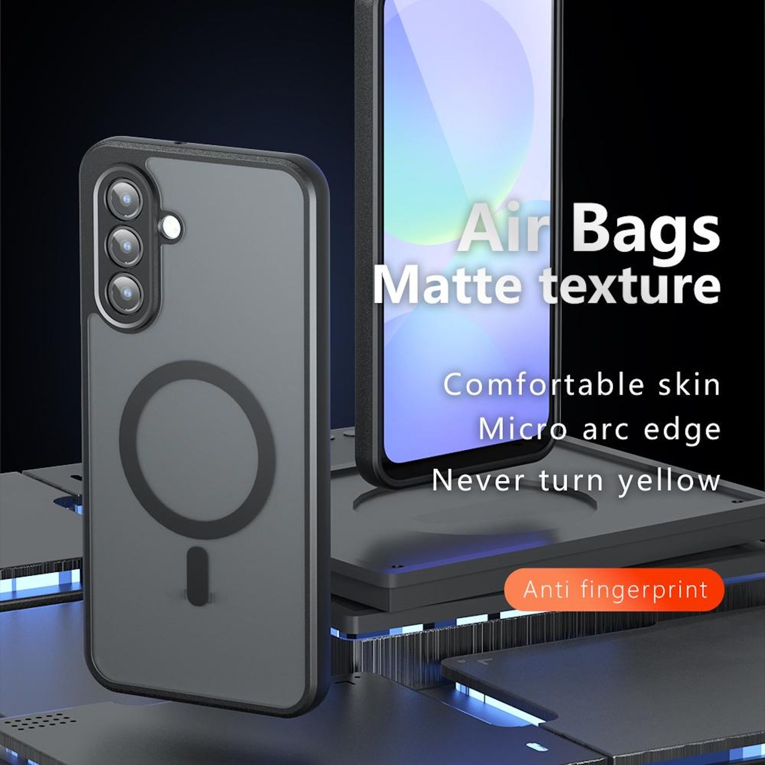 Eine Handyhülle zeigt Funktionen wie Airbags, matte Textur und Anti-Fingerabdruck. Die Hülle ist schwarz mit einem kreisförmigen Design.