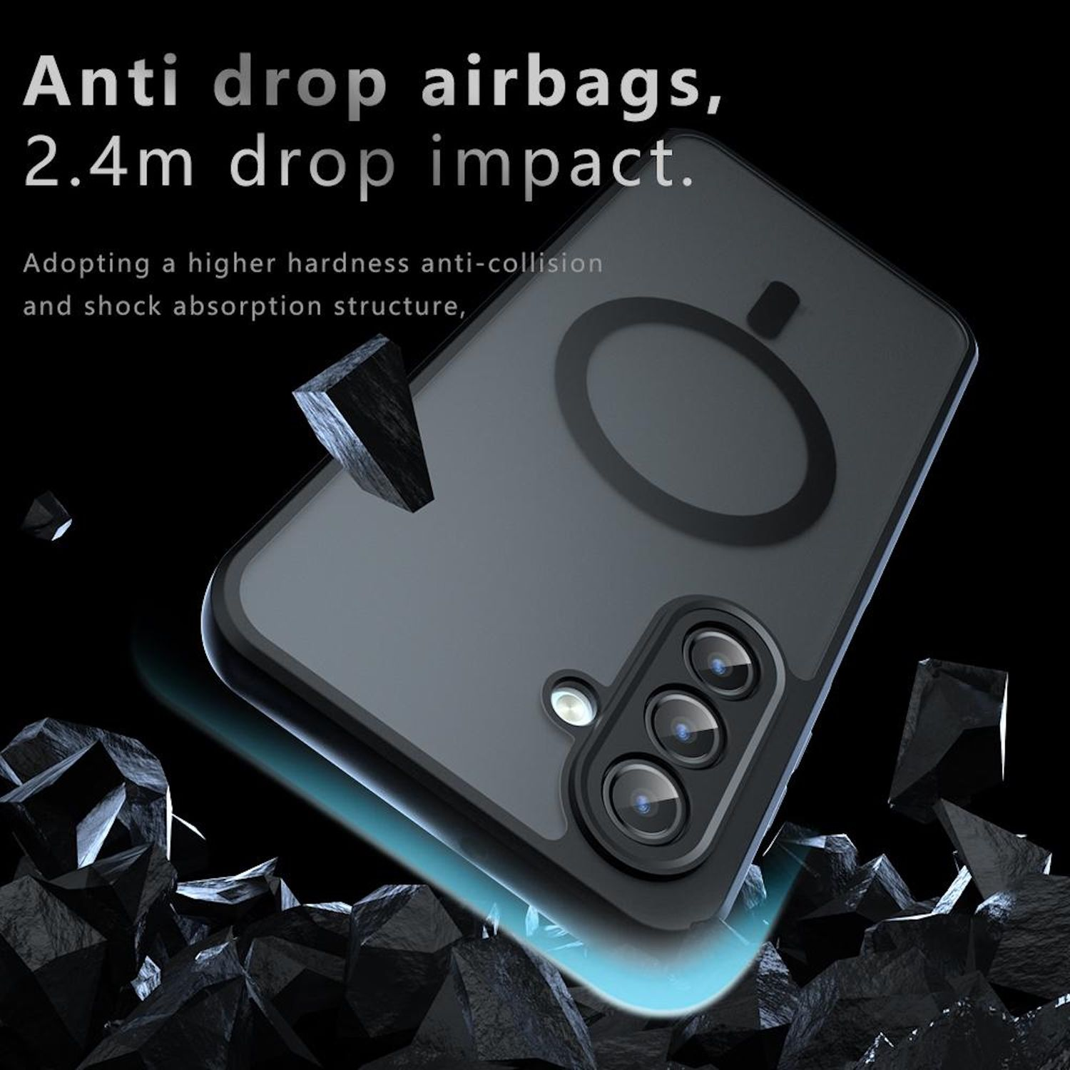 Eine Handyhülle mit Anti-Drop-Airbags, abgebildet zwischen schwarzen geometrischen Formen. Text: 'Anti-Drop-Airbags, 2,4 m Fallschutz.'