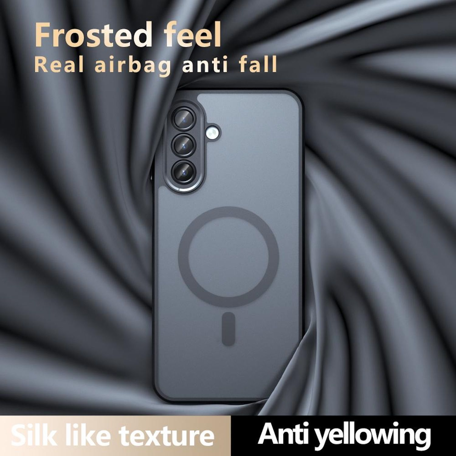 Eine Handyhülle in Dunkelgrau. Das Telefon hat eine Kamera mit drei Linsen. Der Hintergrund hat eine seidige Textur. Text sagt "Frosted feel".