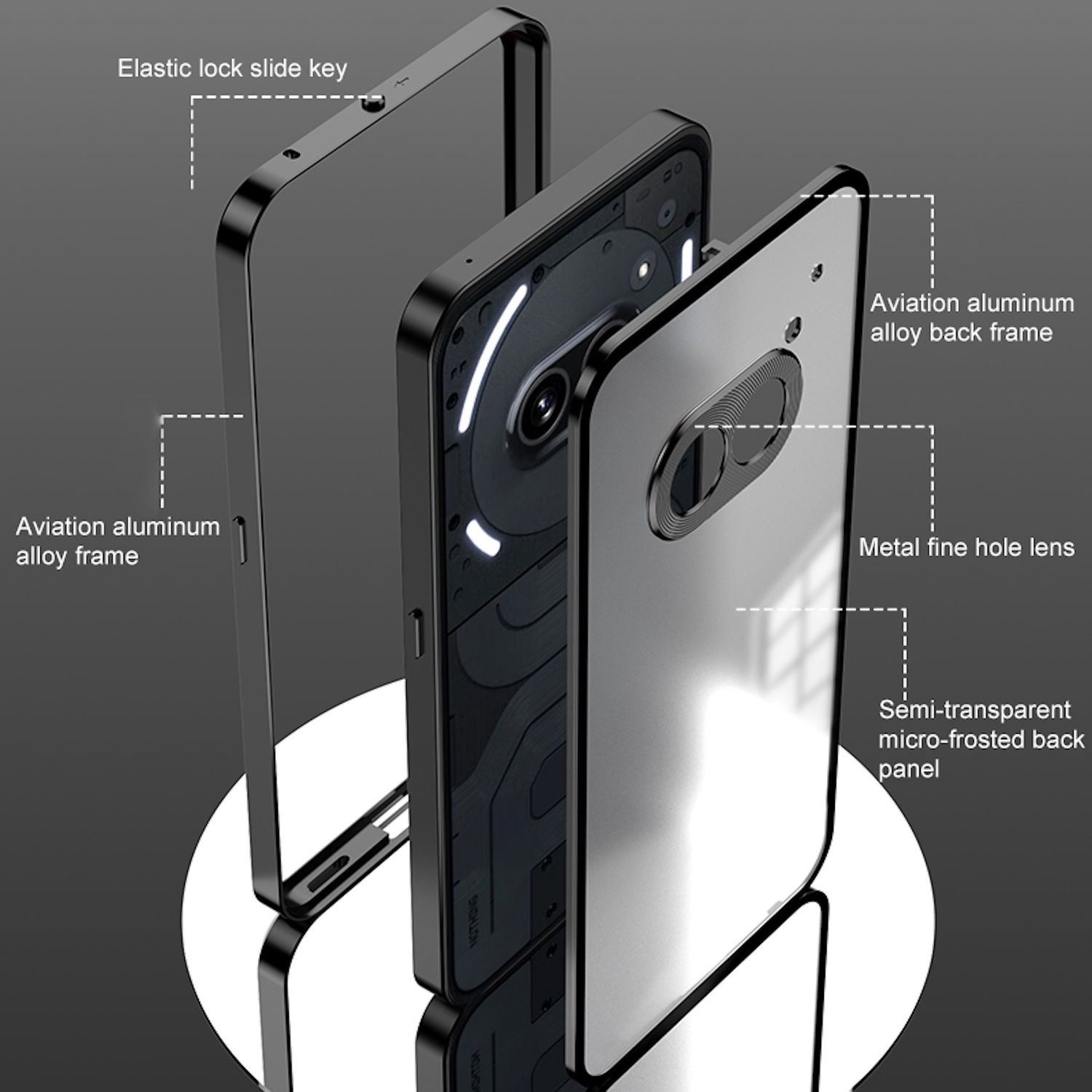 Telefonhülle-Komponenten: Rahmen, Rückwand und Linse. Etiketten kennzeichnen Luftfahrt-Aluminiumlegierung und halbtransparente, mattierte Rückwand.