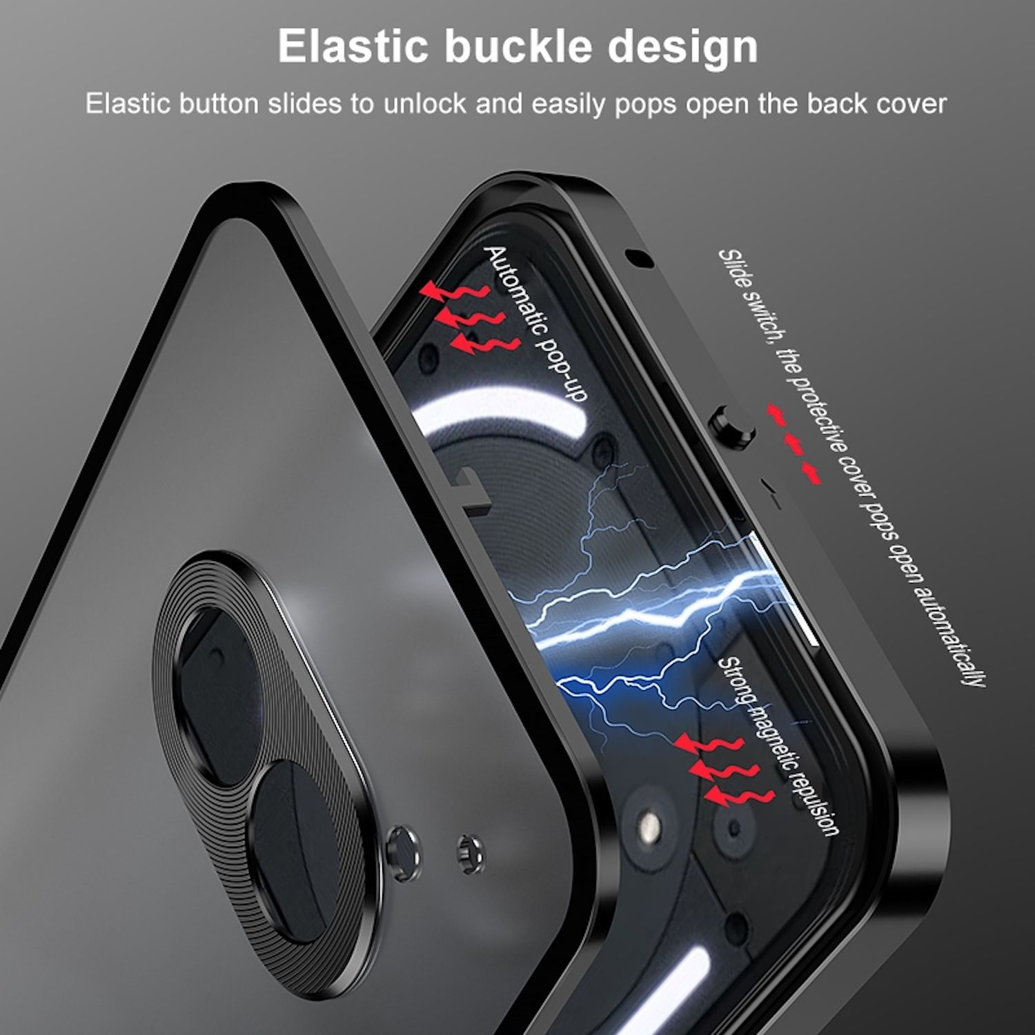 Nahaufnahme eines Handyhüllen-Designs. Merkmale sind eine elastische Schnalle, automatisches Aufklappen und starke magnetische Abstoßung. Text hebt Designmerkmale hervor.