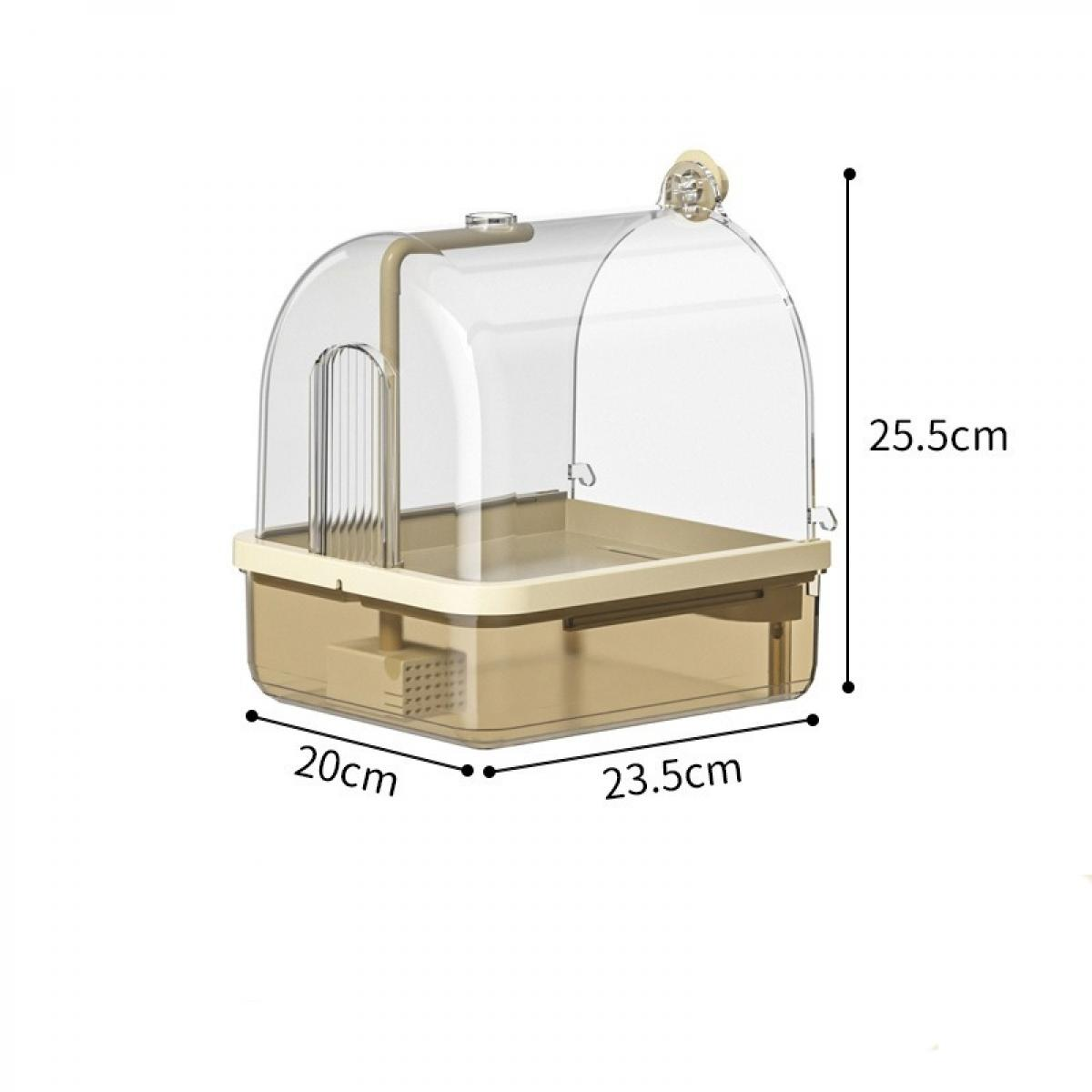 Eine hellbraune und transparente Katzenstreu-Box aus Kunststoff mit den Maßen: 20 cm, 23,5 cm und 25,5 cm. Sie hat einen Griff und eine Schaufel.
