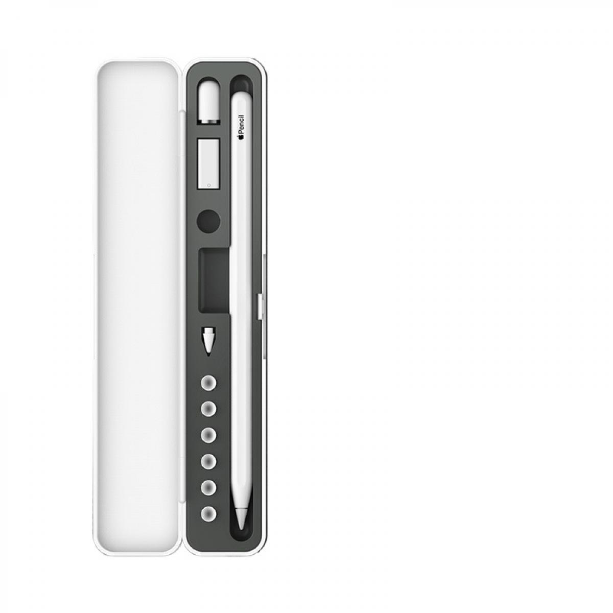 Ein weißer Apple Pencil und Zubehör in einem grauen Etui. Das Etui ist geöffnet und zeigt den Stift und zusätzliche Spitzen.