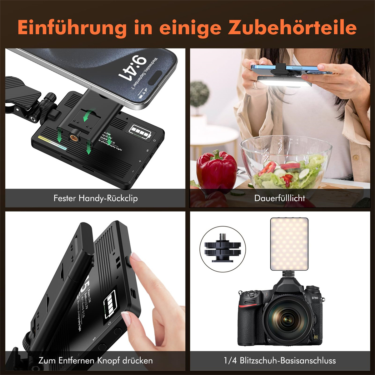 Eine Collage zeigt Telefonzubehör: ein Telefon mit Clip-on-Licht, ein Licht mit einer Kamera, eine Person, die ein Licht benutzt, und Lichtkomponenten.
